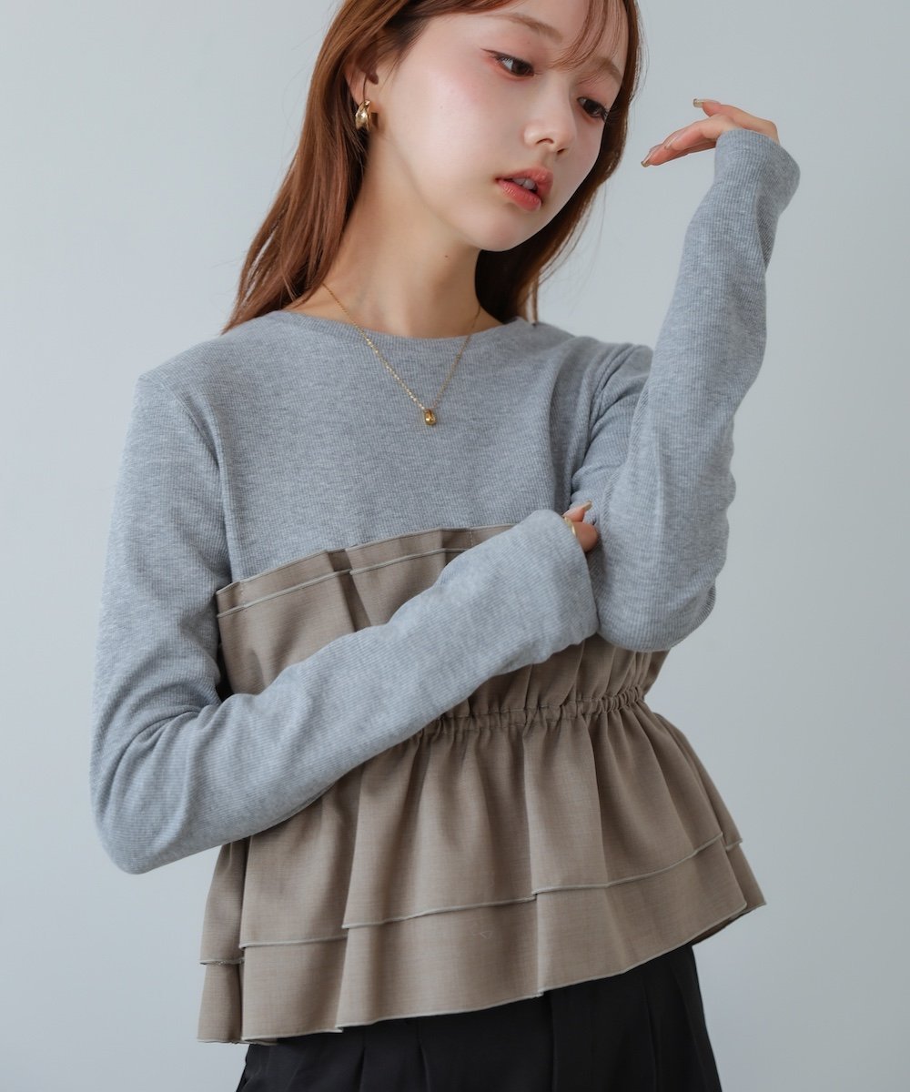 【バブ ブージュルード/Bab Bou Jeloud】のビスチェ風レイヤードロンT インテリア・キッズ・メンズ・レディースファッション・服の通販 founy(ファニー) 　ファッション　Fashion　レディースファッション　Fashion for Women　トップス・カットソー　Cut & Sew Tops　ロングTシャツ・Tシャツ　Longline T-Shirts & Tees　ビスチェ　Bustiers & Corset Tops / Layered Bustier Style　カットソー　Cut and Sewn Top　クラシカル　Classical, Vintage-Inspired　サテン　Satin, Glossy Fabric　ジャケット　Jacket, Outerwear　スマート　Smart, Elegant　チェック　Check, Plaid, Tartan　デニム　Denim, Jeans Material　バルーン　Balloon, Balloon Silhouette　ビスチェ　Bustier, Corset Top　レース　Lace, Lace Fabric　再入荷　Restock / Back in Stock　おすすめ　Recommended / Our Picks　エレガント 上品　Elegant　GRAY|ID: prp329100004727983 ipo3291000000034497014