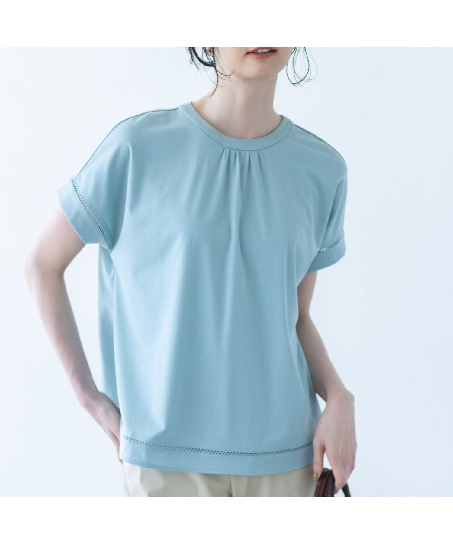 【エーシーデザインバイアルファキュービック/A/C DESIGN BY ALPHACUBIC】のはしごレースプルオーバー【接触冷感】 インテリア・キッズ・メンズ・レディースファッション・服の通販 founy(ファニー) 　ファッション　Fashion　レディースファッション　Fashion for Women　トップス・カットソー　Cut & Sew Tops　カジュアルプルオーバー・ニットトップス　Pullovers & Knit Tops / Casual Pullovers　フェミニン　Feminine, Girly　レース　Lace, Lace Fabric　鹿の子　Piqué, Kanoko Fabric　ライトグリーン|ID: prp329100004728090 ipo3291000000034246535