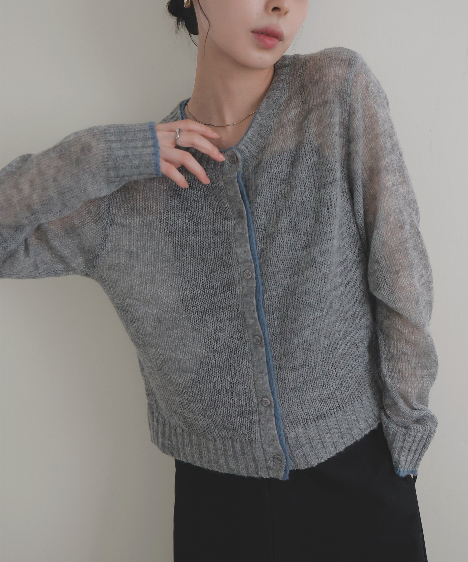 【リアン/Lian】のシアーバイカラーカーディガン インテリア・キッズ・メンズ・レディースファッション・服の通販 founy(ファニー) 　ファッション　Fashion　レディースファッション　Fashion for Women　トップス・カットソー　Cut & Sew Tops　カーディガン・羽織り　Layered Style Cardigans　透かし　Cut-Out, Lacework　グレー|ID: prp329100004728258 ipo3291000000034234312