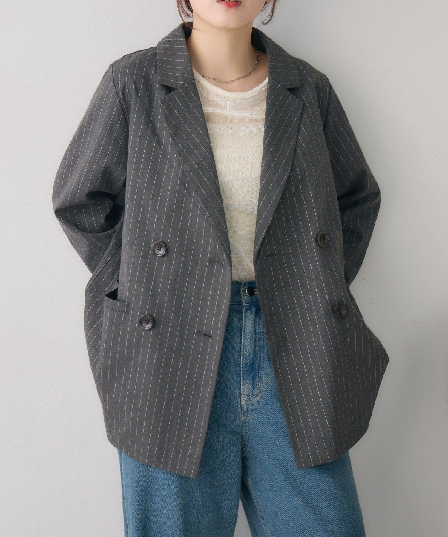 【レトロガール/RETRO GIRL】のダブルテーラーJK インテリア・キッズ・メンズ・レディースファッション・服の通販 founy(ファニー) 　ファッション　Fashion　レディースファッション　Fashion for Women　ジャケット　Jacket, Outerwear　ストライプ　Stripe, Striped Pattern　ダブル　Double, Double-Breasted　デニム　Denim, Jeans Material　トレンド　Trend, Trending Now　ベーシック　Basic, Essential　エレガント 上品　Elegant　無地　Plain, Solid Color　秋　Autumn　グレー/柄|ID: prp329100004728658 ipo3291000000034261712