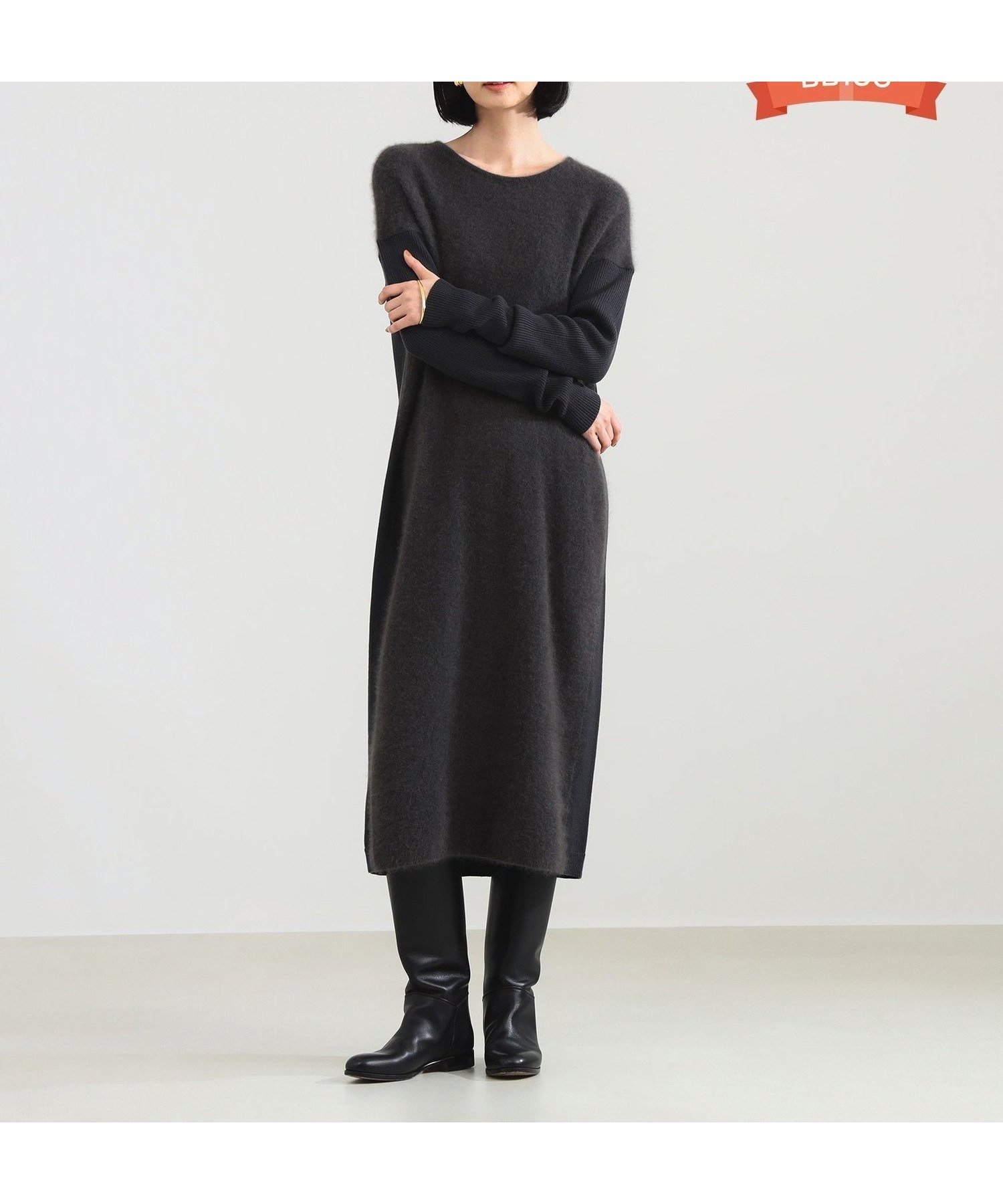 【デミルクス ビームス/Demi-Luxe BEAMS】のフラッフィ クルーネック ニット ワンピース インテリア・キッズ・メンズ・レディースファッション・服の通販 founy(ファニー) 　ファッション　Fashion　レディースファッション　Fashion for Women　ワンピース　Dresses　ニットワンピース　Knit Dresses　バランス　Balance, Style Balance　フロント　Front, Front Design　ミックス　Mix, Mixed Style　エレガント 上品　Elegant　CHARCOAL.GREY|ID: prp329100004728693 ipo3291000000034238850