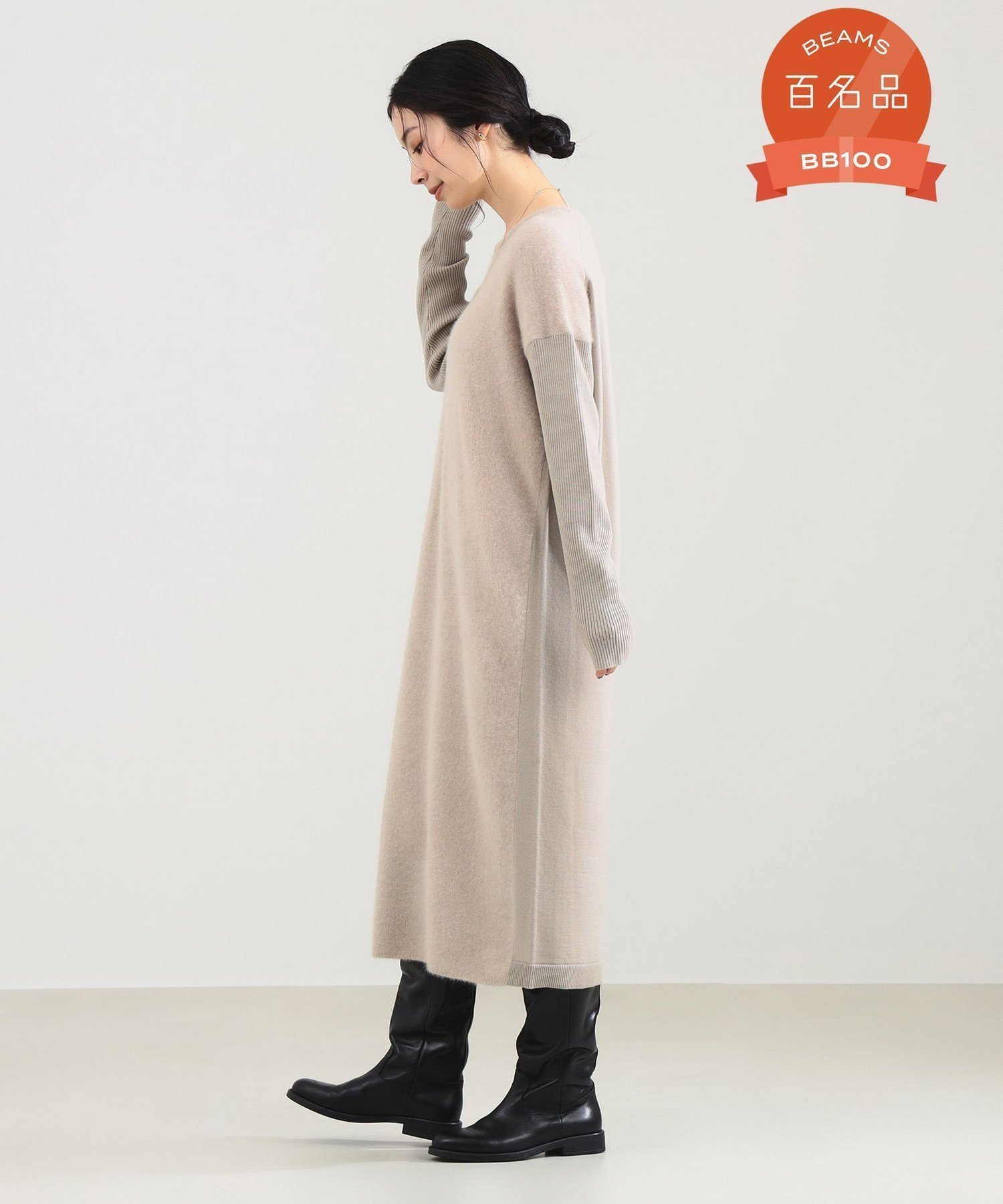 【デミルクス ビームス/Demi-Luxe BEAMS】のフラッフィ クルーネック ニット ワンピース インテリア・キッズ・メンズ・レディースファッション・服の通販 founy(ファニー) 　ファッション　Fashion　レディースファッション　Fashion for Women　ワンピース　Dresses　ニットワンピース　Knit Dresses　バランス　Balance, Style Balance　フロント　Front, Front Design　ミックス　Mix, Mixed Style　エレガント 上品　Elegant　BEIGE|ID: prp329100004728693 ipo3291000000034238851