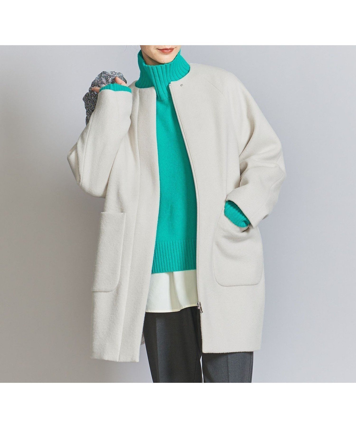 【ユナイテッドアローズ/UNITED ARROWS】のウールブレンド ノーカラーミドルコート インテリア・キッズ・メンズ・レディースファッション・服の通販 founy(ファニー) 　ファッション　Fashion　レディースファッション　Fashion for Women　アウター　Coat / Outerwear Collection　コート・ロングコート・ピーコート　Long Coats, Peacoats & More　ストール　Stole, Wrap　スラックス　Slacks, Dress Pants　スリット　Slit, Slit Detail　スリーブ　Sleeve, Long Sleeve / Short Sleeve　タートルネック　Turtleneck, High Neck　デニム　Denim, Jeans Material　トレンド　Trend, Trending Now　ポケット　Pocket, Pocket Detail　ミドル　Middle Length, Mid Height　A/W・秋冬　Autumn/Winter　アウトレット　Outlet / Clearance　エレガント 上品　Elegant　OFF WHITE|ID: prp329100004728783 ipo3291000000034499760