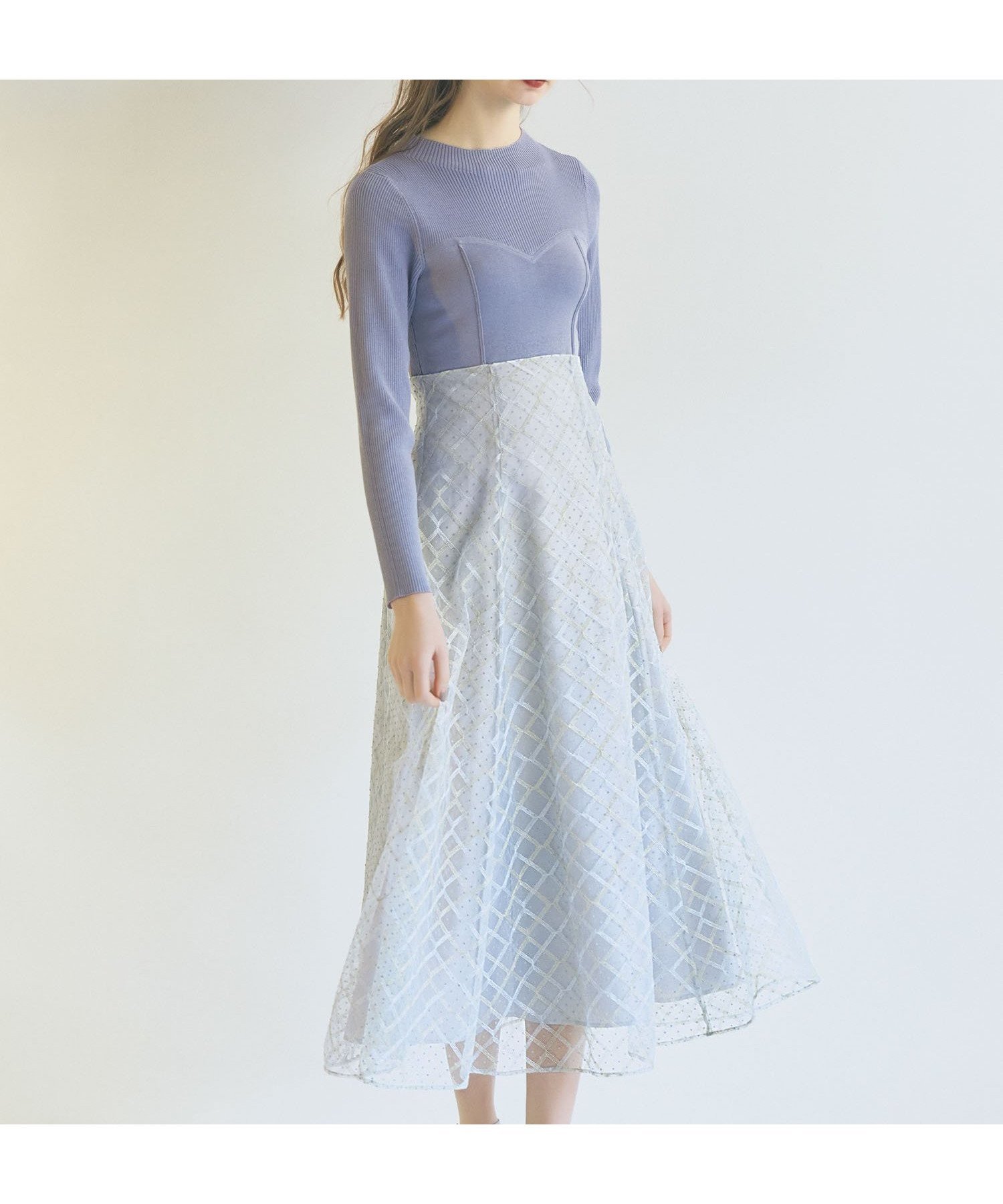【ノエラ/Noela】のラメチェックドッキングニットワンピース インテリア・キッズ・メンズ・レディースファッション・服の通販 founy(ファニー) 　ファッション　Fashion　レディースファッション　Fashion for Women　ワンピース　Dresses　ニットワンピース　Knit Dresses　チェック　Check, Plaid, Tartan　チュール　Tulip, Tulip Motif　トレンド　Trend, Trending Now　ドッキング　Docking, Mixed Material　ポケット　Pocket, Pocket Detail　サックス|ID: prp329100004728842 ipo3291000000034164070