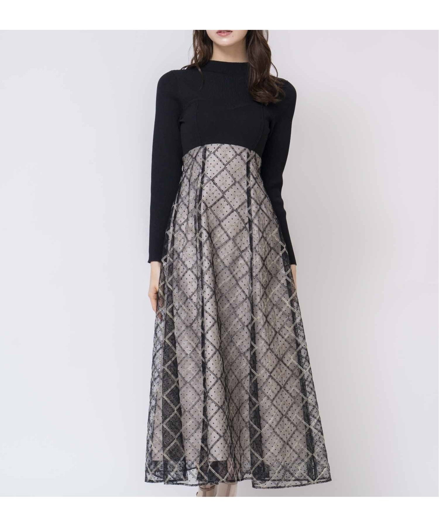 【ノエラ/Noela】のラメチェックドッキングニットワンピース インテリア・キッズ・メンズ・レディースファッション・服の通販 founy(ファニー) 　ファッション　Fashion　レディースファッション　Fashion for Women　ワンピース　Dresses　ニットワンピース　Knit Dresses　チェック　Check, Plaid, Tartan　チュール　Tulip, Tulip Motif　トレンド　Trend, Trending Now　ドッキング　Docking, Mixed Material　ポケット　Pocket, Pocket Detail　ブラック|ID: prp329100004728842 ipo3291000000034164071