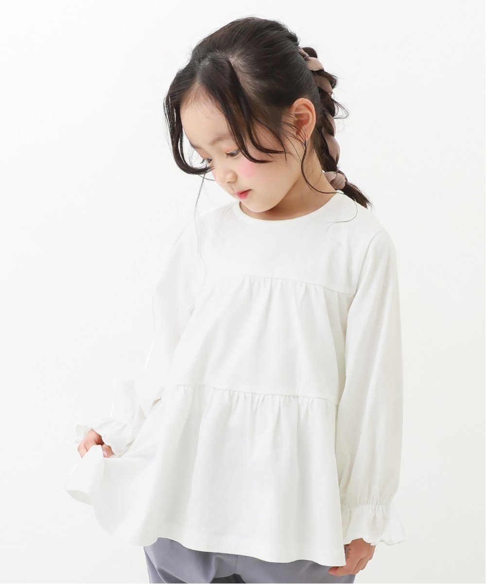 【デビロック/devirock / KIDS】のティアード長袖チュニック ロンT トップス インテリア・キッズ・メンズ・レディースファッション・服の通販 founy(ファニー) 　ファッション　Fashion　キッズファッション　Fashion for Kids　トップス・カットソー　Cut & Sew Tops　ギャザー　Gathered, Ruffled　スリーブ　Sleeve, Long Sleeve / Short Sleeve　チュニック　Tunic, Long Top　ティアード　Tiered, Tiered Style　デニム　Denim, Jeans Material　トレンド　Trend, Trending Now　長袖　Long Sleeve, Full Sleeve　フレア　Flare, Flared　ホワイト|ID: prp329100004729122 ipo3291000000034165079