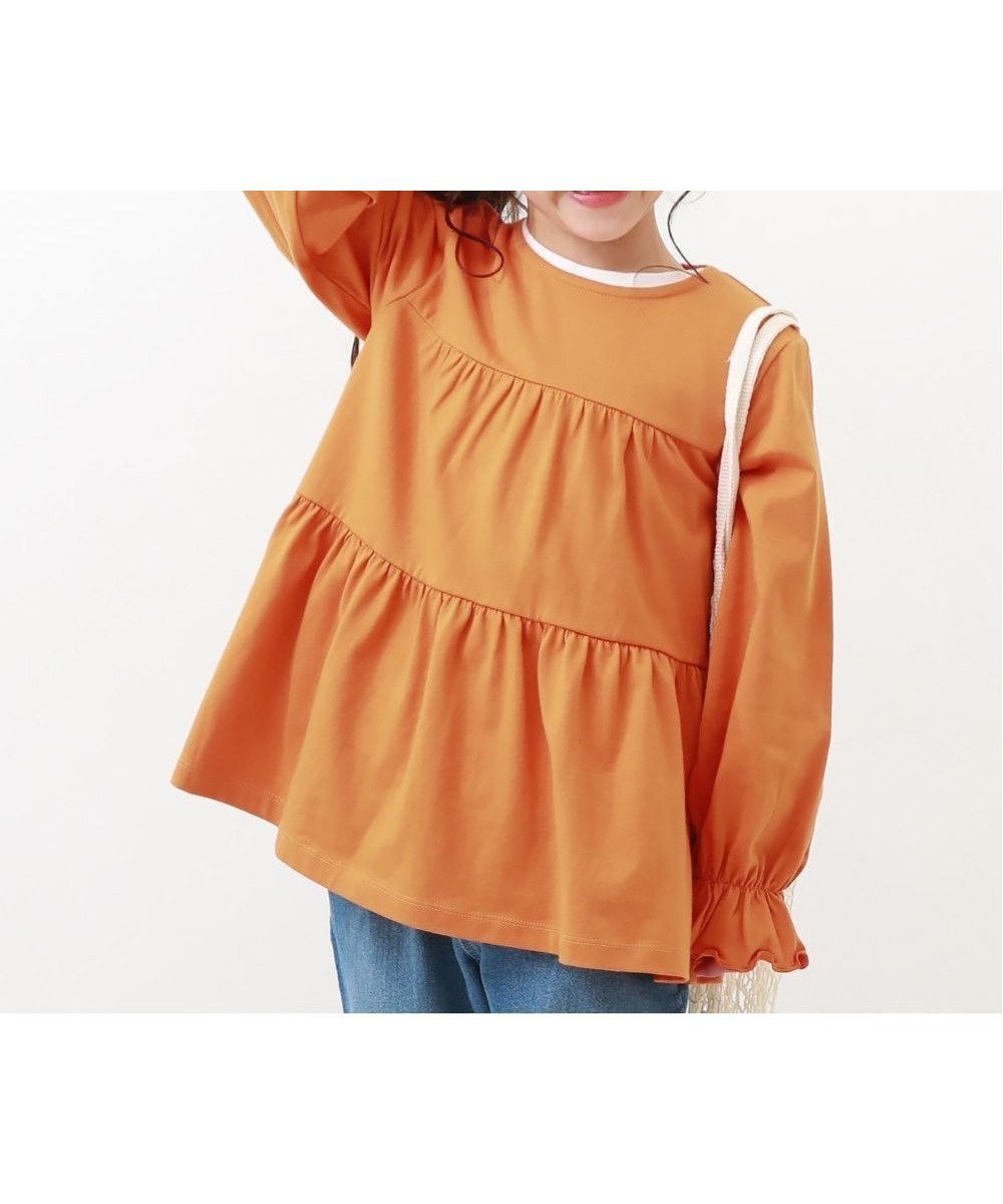 【デビロック/devirock / KIDS】のティアード長袖チュニック ロンT トップス インテリア・キッズ・メンズ・レディースファッション・服の通販 founy(ファニー) 　ファッション　Fashion　キッズファッション　Fashion for Kids　トップス・カットソー　Cut & Sew Tops　ギャザー　Gathered, Ruffled　スリーブ　Sleeve, Long Sleeve / Short Sleeve　チュニック　Tunic, Long Top　ティアード　Tiered, Tiered Style　デニム　Denim, Jeans Material　トレンド　Trend, Trending Now　長袖　Long Sleeve, Full Sleeve　フレア　Flare, Flared　Gオレンジ|ID: prp329100004729122 ipo3291000000034165082
