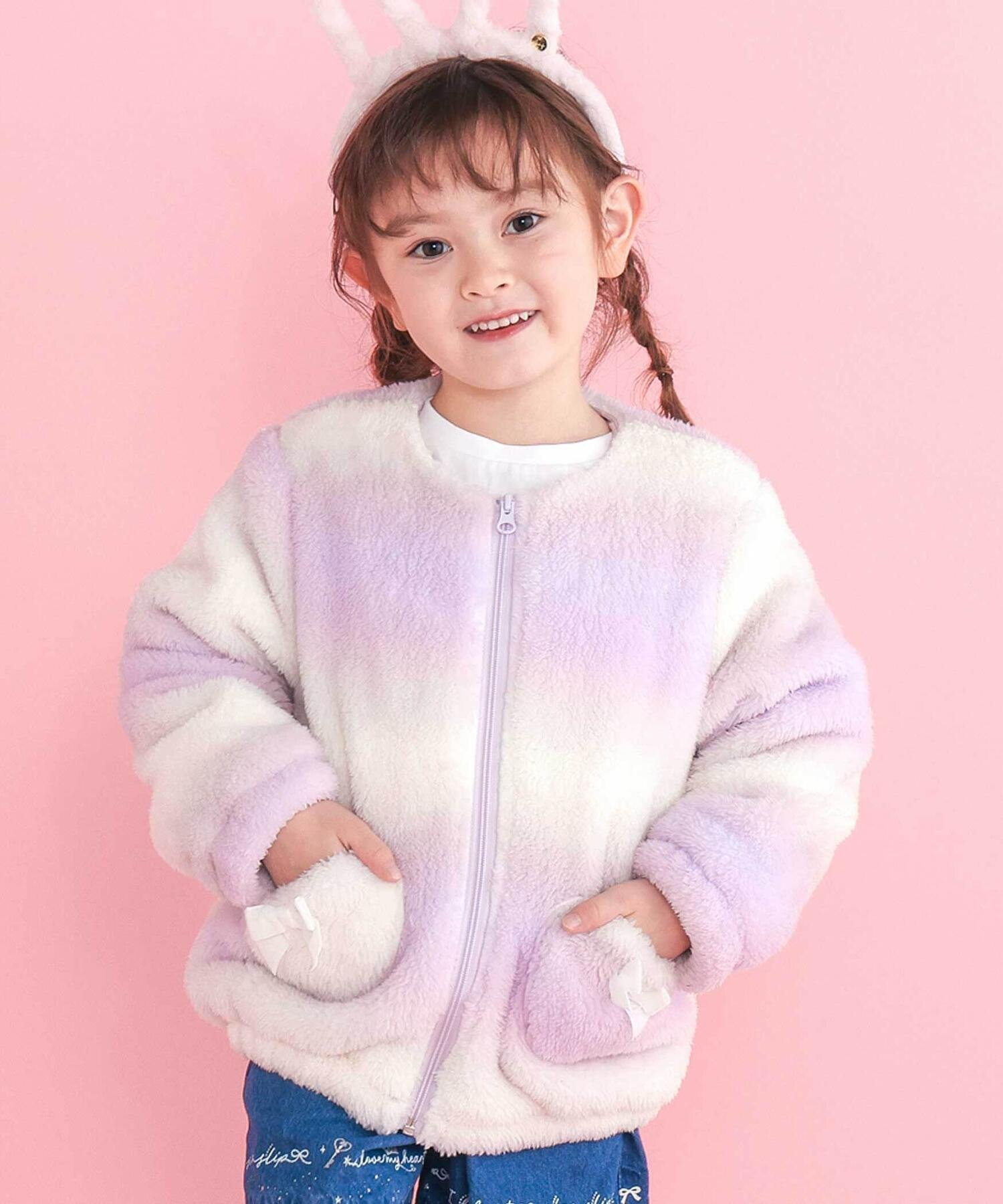 【ベベ オンライン ストア/BEBE ONLINE STORE / KIDS】のハートポケットオーロラボアジャケット(80~130cm) インテリア・キッズ・メンズ・レディースファッション・服の通販 founy(ファニー) 　ファッション　Fashion　キッズファッション　Fashion for Kids　秋　Autumn　カラフル　Colorful Design　コレクション　Collection, Seasonal Line　ジャケット　Jacket, Outerwear　チェック　Check, Plaid, Tartan　チャーム　Charm, Pendant　長袖　Long Sleeve, Full Sleeve　パープル　Purple, Violet　フレンチ　French, French Style　フロント　Front, Front Design　ベロア　Velour, Soft Velvet　ポケット　Pocket, Pocket Detail　ミックス　Mix, Mixed Style　モチーフ　Motif, Design Theme　リボン　Ribbon, Bow　A/W・秋冬　Autumn/Winter　エレガント 上品　Elegant　2025年　2025　2025-2026秋冬・A/W　Autumn/Winter 2025–26 AW25–26　パープル系|ID: prp329100004729129 ipo3291000000034165116
