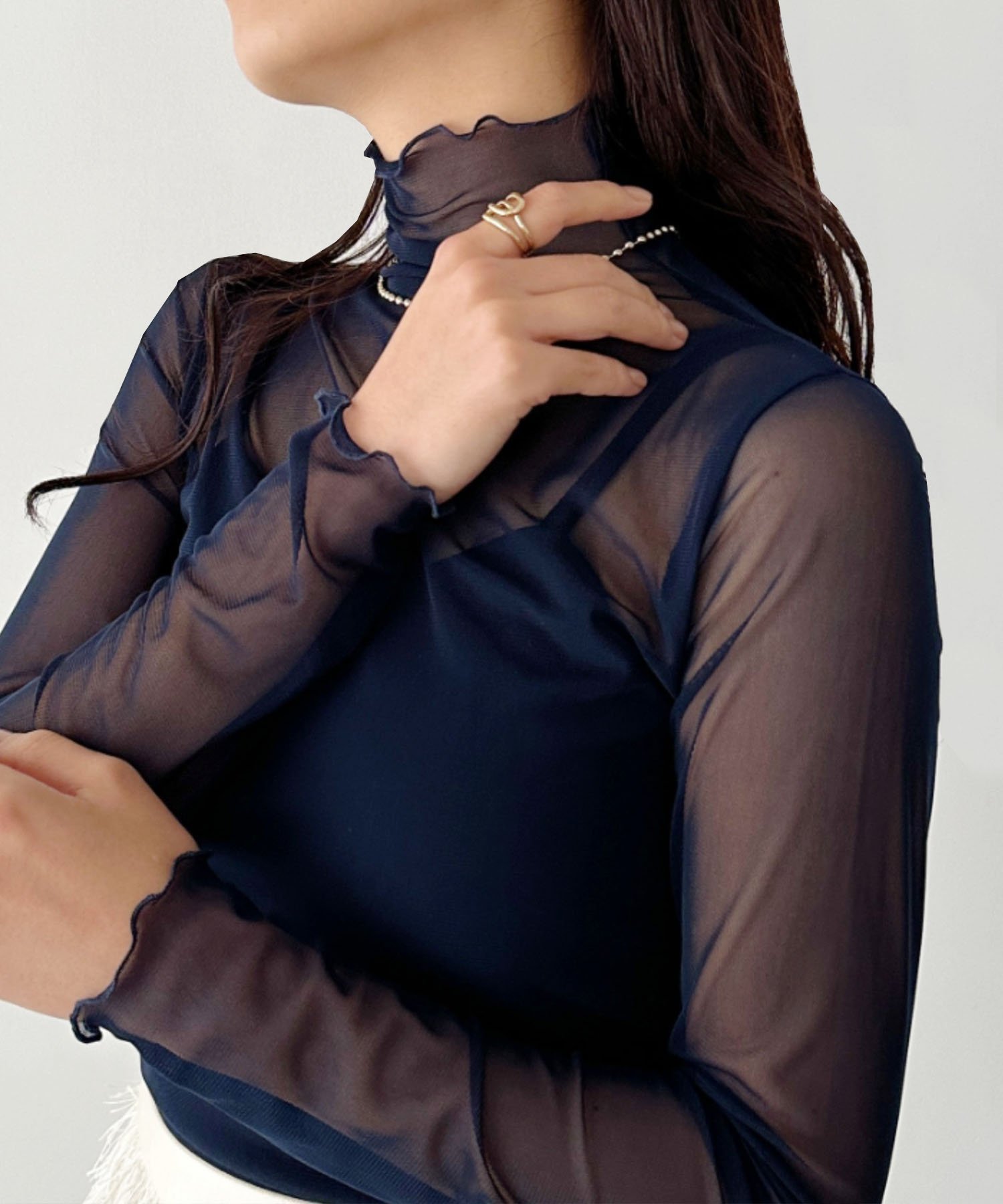 【アウトフィッター ラボ/Outfitter lab】の【ベストセラー/全20色展開】メロウハイネックシアーインナートップス インテリア・キッズ・メンズ・レディースファッション・服の通販 founy(ファニー) 　ファッション　Fashion　レディースファッション　Fashion for Women　アウター　Coat / Outerwear Collection　トップス・カットソー　Cut & Sew Tops　ベスト&ジレ / 重ね着スタイル　Vests & Gilets　インナー　Innerwear　カーディガン　Cardigan, Knitwear　キャミソール　Camisole, Spaghetti Strap Top　キャミワンピース　Cami Dress, Slip Dress　シアー　Sheer, See-Through　シンプル　Simple, Minimal　ジャケット　Jacket, Outerwear　スウェット / スエット　Sweatshirt, Sweatwear　チューブ　Tube, Tube Top　トレンド　Trend, Trending Now　定番　Standard, Basic Item　長袖　Long Sleeve, Full Sleeve　ビスチェ　Bustier, Corset Top　フリル　Frill, Ruffle　ベスト　Vest, Waistcoat　A/W・秋冬　Autumn/Winter　S/S・春夏　SS, Spring/Summer, Warm Season　プチプライス・低価格　Affordable / Budget Price　おすすめ　Recommended / Our Picks　夏　Summer　エレガント 上品　Elegant　ビジネス 仕事 通勤　Business / Work / Commuting　ネイビー|ID: prp329100004730149 ipo3291000000034833762