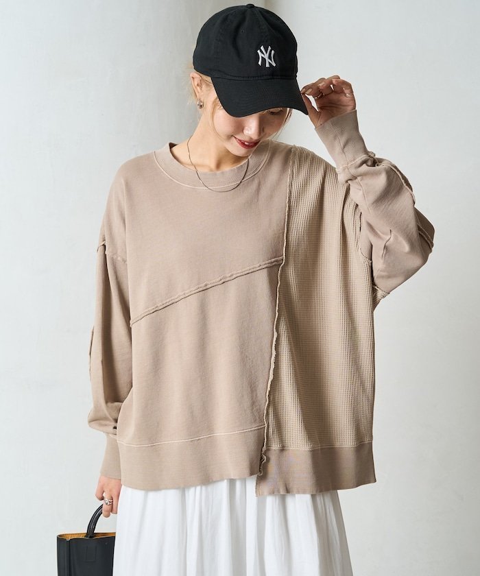 【フリークスストア/FREAK'S STORE】のリメイク風 ピグメント 裏毛 × ワッフル プルオーバー【限定展開】 25AW インテリア・キッズ・メンズ・レディースファッション・服の通販 founy(ファニー) 　ファッション　Fashion　レディースファッション　Fashion for Women　トップス・カットソー　Cut & Sew Tops　カジュアルプルオーバー・ニットトップス　Pullovers & Knit Tops / Casual Pullovers　2025年　2025　2025-2026秋冬・A/W　Autumn/Winter 2025–26 AW25–26　冬　Winter / This Winter　おすすめ　Recommended / Our Picks　ティアード　Tiered, Tiered Style　バランス　Balance, Style Balance　ビッグ　Big, Oversized　フロント　Front, Front Design　リメイク　Remake, Reconstructed　ロング　Long, Long-Length　ワッフル　Waffle, Waffle Knit　A/W・秋冬　Autumn/Winter　ベージュ|ID: prp329100004730272 ipo3291000000034285352