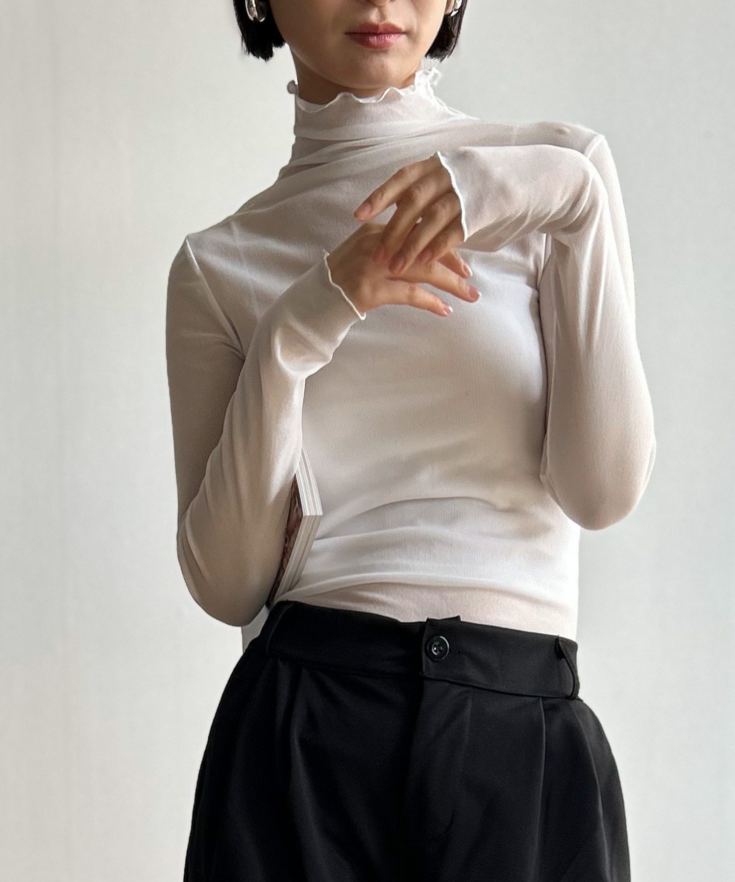 【アウトフィッター ラボ/Outfitter lab】のシースルー ハイネック カットソー インテリア・キッズ・メンズ・レディースファッション・服の通販 founy(ファニー) 　ファッション　Fashion　レディースファッション　Fashion for Women　トップス・カットソー　Cut & Sew Tops　カットソー・ベーシックTシャツ　Cut-and-Sewn Tops / Stretch Tees & Basics　アウトドア　Outdoor Clothing　インナー　Innerwear　オケージョン　Occasion Wear　春　Spring　カットソー　Cut and Sewn Top　キャミソール　Camisole, Spaghetti Strap Top　スウェット / スエット　Sweatshirt, Sweatwear　ストライプ　Stripe, Striped Pattern　ストレッチ　Stretch, Stretchy Fabric　セーター　Sweater, Knitwear　トレンド　Trend, Trending Now　人気　Popular, Best Seller　長袖　Long Sleeve, Full Sleeve　ハイネック　High Neck, Mock Neck　ビッグ　Big, Oversized　フェミニン　Feminine, Girly　フォーマル　Formal, Dressy　ベスト　Vest, Waistcoat　おすすめ　Recommended / Our Picks　旅行　Travel　エレガント 上品　Elegant　セレモニー　Ceremony　クリスマス X'mas　Christmas / X'mas　入学式　Entrance Ceremony　卒業式　Graduation Ceremony　結婚式　Wedding　ホワイト|ID: prp329100004730382 ipo3291000000034666189