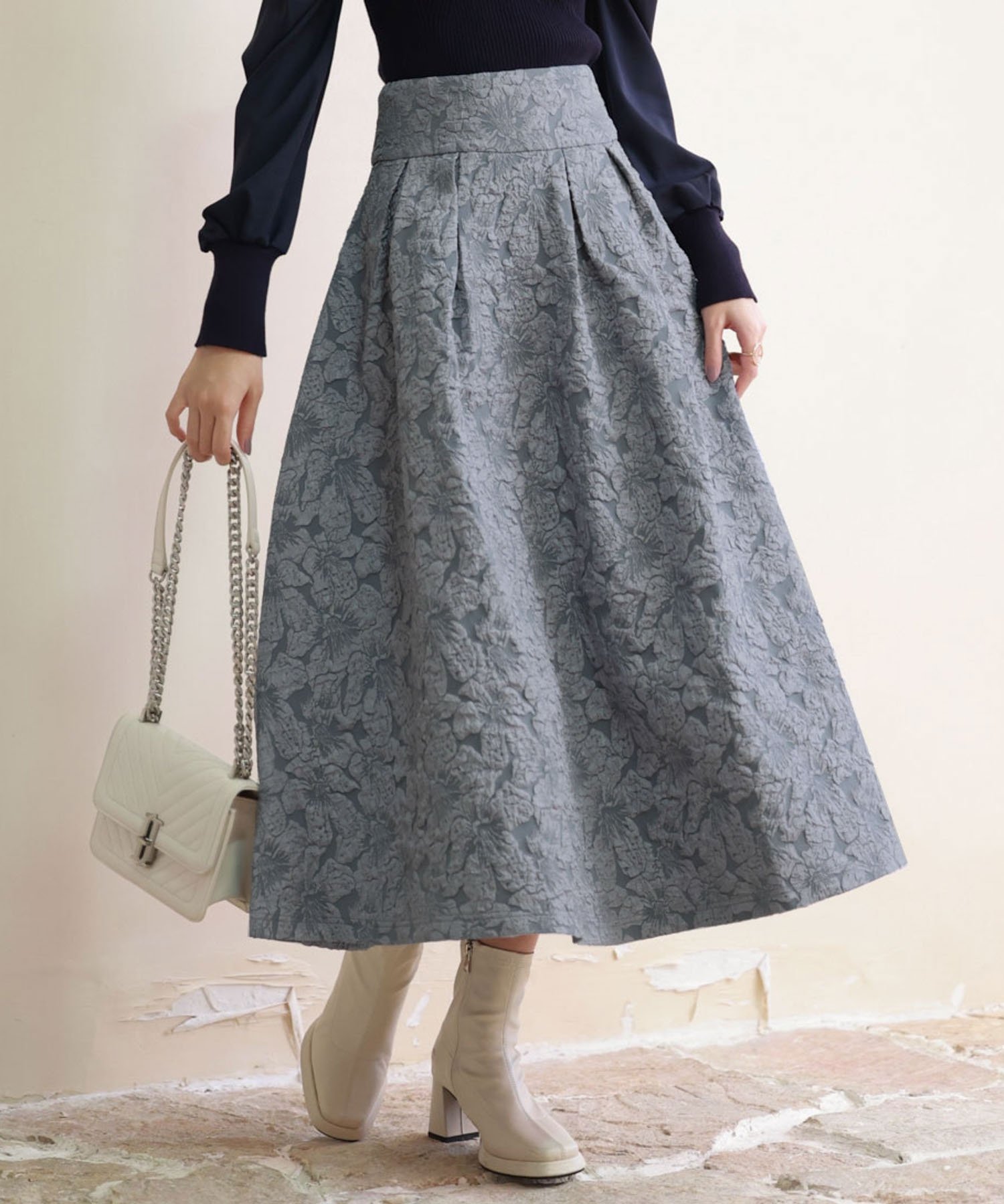 【セゾンドパピヨン/SAISON DE PAPILLON】のフクレジャガードフレアハイウエストスカート インテリア・キッズ・メンズ・レディースファッション・服の通販 founy(ファニー) 　ファッション　Fashion　レディースファッション　Fashion for Women　スカート　Skirts　シンプル　Simple, Minimal　スウェット / スエット　Sweatshirt, Sweatwear　スニーカー　Sneakers, Trainers　タイツ　Tights, Legwear　フレア　Flare, Flared　エレガント 上品　Elegant　ブルーグレー|ID: prp329100004730460 ipo3291000000034621113