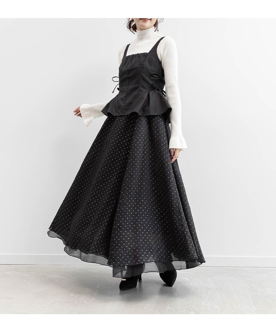 【ランダ/RANDA】のペプラムリボンワンピース インテリア・キッズ・メンズ・レディースファッション・服の通販 founy(ファニー) 　ファッション　Fashion　レディースファッション　Fashion for Women　ワンピース　Dresses　ドッキング　Docking, Mixed Material　ドット　Polka Dot, Dot Pattern　フィット　Fit, Slim Fit　フェミニン　Feminine, Girly　ペプラム　Peplum, Flared Hem　リボン　Ribbon, Bow　ロング　Long, Long-Length　BLACK|ID: prp329100004730599 ipo3291000000034171890