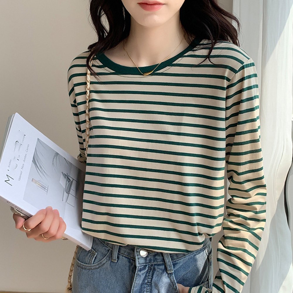 【ミニミニストア/miniministore】のボーダー柄tシャツ 長袖カットソー 春秋 インテリア・キッズ・メンズ・レディースファッション・服の通販 founy(ファニー) 　ファッション　Fashion　レディースファッション　Fashion for Women　トップス・カットソー　Cut & Sew Tops　シャツ・ブラウス・オフィスカジュアル　Elegant Blouses & Button-Ups　ロングTシャツ・Tシャツ　Longline T-Shirts & Tees　カットソー・ベーシックTシャツ　Cut-and-Sewn Tops / Stretch Tees & Basics　アクセサリー　Fashion Accessories　秋　Autumn　カットソー　Cut and Sewn Top　クラシック　Classic, Timeless Style　デニム　Denim, Jeans Material　長袖　Long Sleeve, Full Sleeve　フェミニン　Feminine, Girly　ボーダー　Border, Stripe　ラウンド　Round, Round Neck　リーフ　Leaf, Botanical Leaf　ダークグリーン|ID: prp329100004730612 ipo3291000000034247330