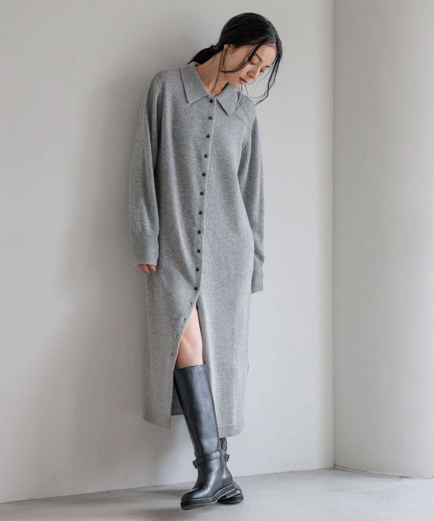 【ローリーズファーム/LOWRYS FARM】のニットポロワンピース インテリア・キッズ・メンズ・レディースファッション・服の通販 founy(ファニー) 　ファッション　Fashion　レディースファッション　Fashion for Women　ワンピース　Dresses　インナー　Innerwear　カットソー　Cut and Sewn Top　デニム　Denim, Jeans Material　グレー|ID: prp329100004730613 ipo3291000000034171941