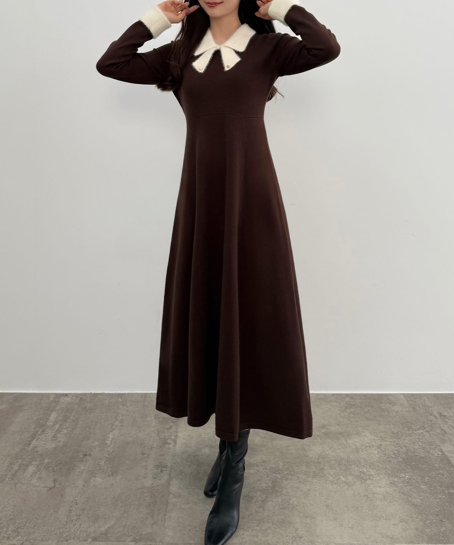 【ジュノア/JUNOAH】のCENEA バイカラーリボンニットワンピース インテリア・キッズ・メンズ・レディースファッション・服の通販 founy(ファニー) 　ファッション　Fashion　レディースファッション　Fashion for Women　ワンピース　Dresses　ニットワンピース　Knit Dresses　ブラウン|ID: prp329100004730705 ipo3291000000034302471