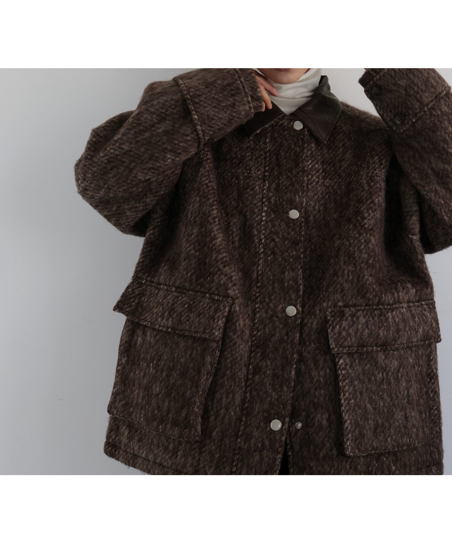 【ヘラム/hellam】のレザーカラーシャギーコート インテリア・キッズ・メンズ・レディースファッション・服の通販 founy(ファニー) 　ファッション　Fashion　レディースファッション　Fashion for Women　アウター　Coat / Outerwear Collection　コート・ロングコート・ピーコート　Long Coats, Peacoats & More　ブラウン|ID: prp329100004730853 ipo3291000000034290500