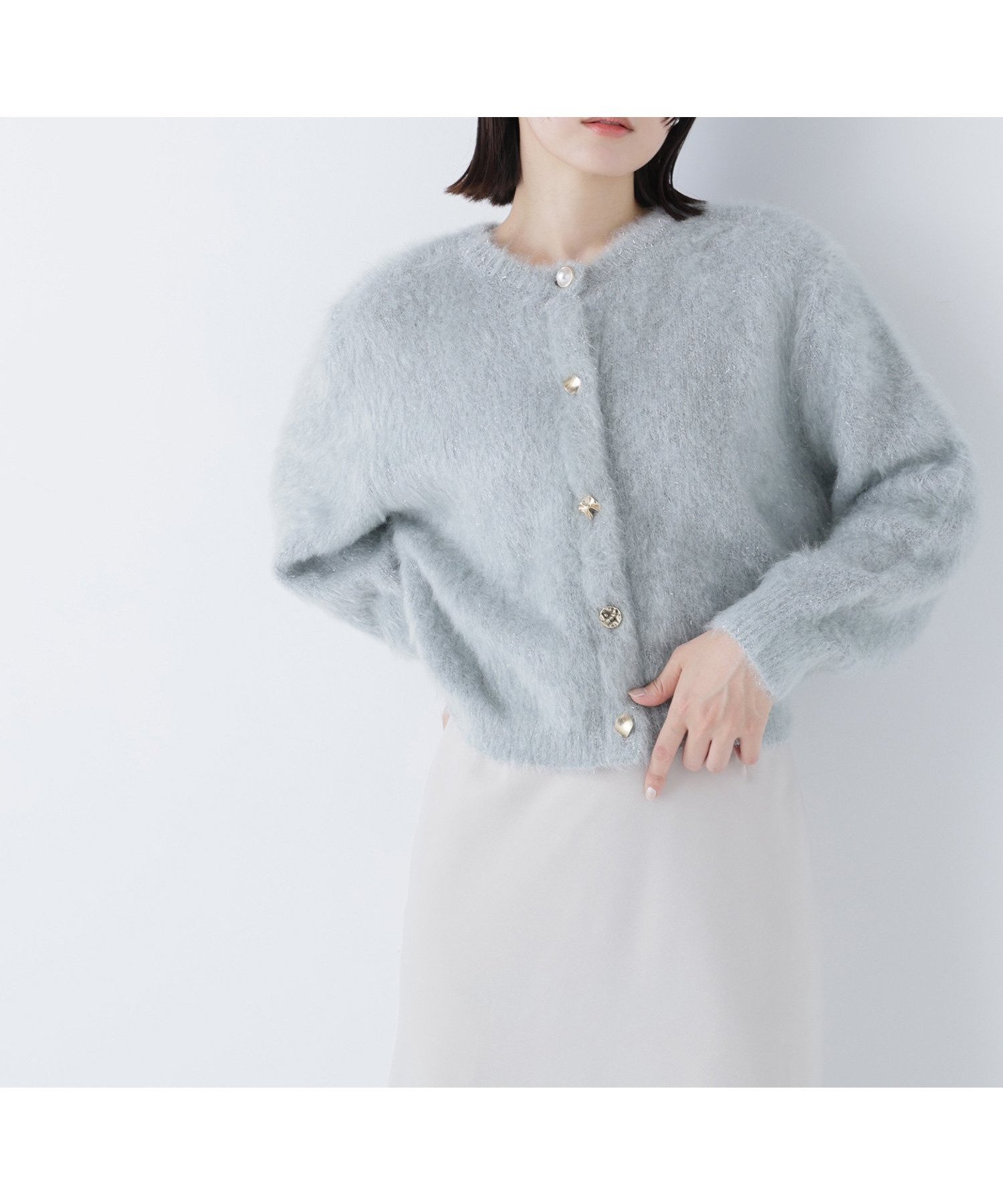 【ナチュラル ビューティー ベーシック/NATURAL BEAUTY BASIC】のデザインボタンラメシャギーカーディガン インテリア・キッズ・メンズ・レディースファッション・服の通販 founy(ファニー) 　ファッション　Fashion　レディースファッション　Fashion for Women　トップス・カットソー　Cut & Sew Tops　カーディガン・羽織り　Layered Style Cardigans　カーディガン　Cardigan, Knitwear　ミックス　Mix, Mixed Style　ペールグリーン|ID: prp329100004731123 ipo3291000000034418103