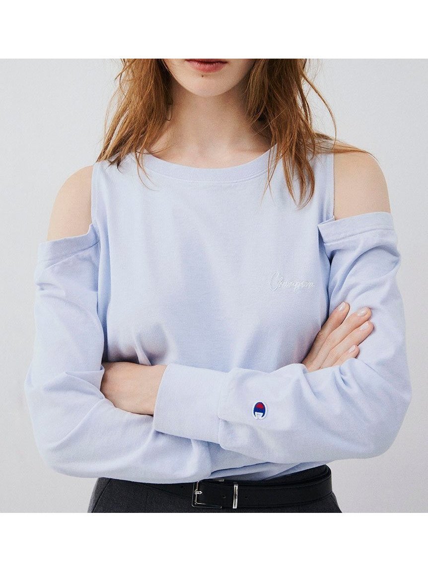 【フレイ アイディー/FRAY I.D】のChampion】オフショルロングTシャツ インテリア・キッズ・メンズ・レディースファッション・服の通販 founy(ファニー) 　ファッション　Fashion　レディースファッション　Fashion for Women　トップス・カットソー　Cut & Sew Tops　シャツ・ブラウス・オフィスカジュアル　Elegant Blouses & Button-Ups　ロングTシャツ・Tシャツ　Longline T-Shirts & Tees　春　Spring　カッティング　Cutting Detail　スタイリッシュ　Stylish, Fashionable　スポーティ　Sporty, Casual Athletic　スマート　Smart, Elegant　デニム　Denim, Jeans Material　バランス　Balance, Style Balance　フェミニン　Feminine, Girly　フロント　Front, Front Design　ボトム　Bottoms, Lower Wear　S/S・春夏　SS, Spring/Summer, Warm Season　夏　Summer　LBLU[081]|ID: prp329100004731935 ipo3291000000034180030