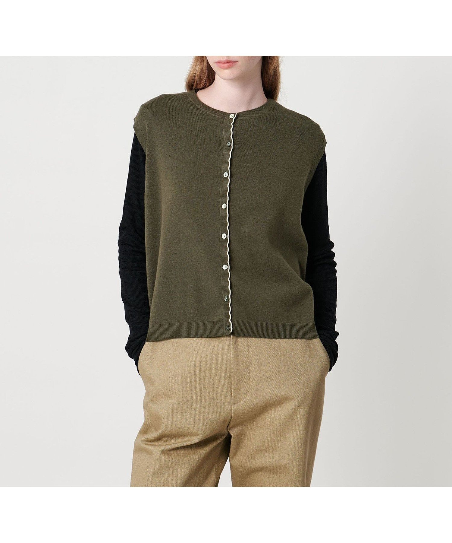 【ビューティ&ユース ユナイテッドアローズ/BEAUTY&YOUTH / UNITED ARROWS】のSteven Alan コットン カシミヤ ラッフル ニットベスト インテリア・キッズ・メンズ・レディースファッション・服の通販 founy(ファニー) 　ファッション　Fashion　レディースファッション　Fashion for Women　アウター　Coat / Outerwear Collection　トップス・カットソー　Cut & Sew Tops　ニット　Knit Tops & Sweaters　ベスト&ジレ / 重ね着スタイル　Vests & Gilets　おすすめ　Recommended / Our Picks　ノースリーブ　Sleeveless, No-Sleeve　フロント　Front, Front Design　ベスト　Vest, Waistcoat　ラッフル　Ruffle, Frill　OLIVE|ID: prp329100004732045 ipo3291000000035012413