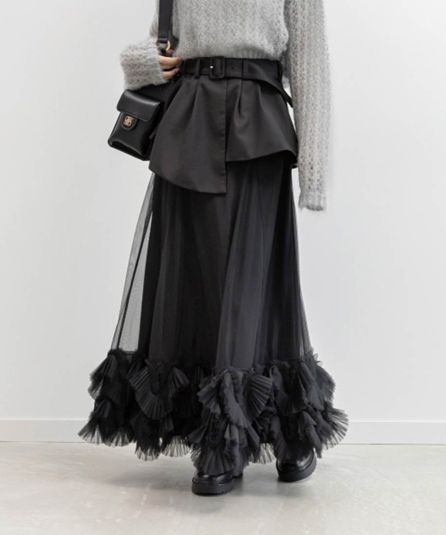 【ランダ/RANDA】のプリーツフリルドッキングスカート インテリア・キッズ・メンズ・レディースファッション・服の通販 founy(ファニー) 　ファッション　Fashion　レディースファッション　Fashion for Women　スカート　Skirts　シンプル　Simple, Minimal　チュール　Tulip, Tulip Motif　ドッキング　Docking, Mixed Material　フェミニン　Feminine, Girly　フリル　Frill, Ruffle　プリーツ　Pleats, Pleated　ボトム　Bottoms, Lower Wear　エレガント 上品　Elegant　BLACK|ID: prp329100004732325 ipo3291000000034182811