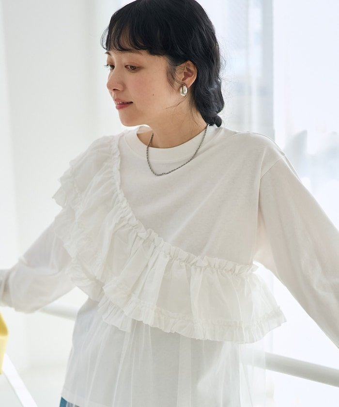 【フリークスストア/FREAK'S STORE】のフリルチュール ドッキングロンT 25AW 人気、トレンドファッション・服の通販 founy(ファニー) 　ファッション　Fashion　レディースファッション　Fashion for Women　トップス・カットソー　Cut & Sew Tops　ロングTシャツ・Tシャツ　Longline T-Shirts & Tees　2025年　2025　2025-2026秋冬・A/W　Autumn/Winter 2025–26 AW25–26　冬　Winter / This Winter　アシンメトリー　Asymmetrical Style　チュール　Tulip, Tulip Motif　トレンド　Trend, Trending Now　フェミニン　Feminine, Girly　フリル　Frill, Ruffle　今季　This Season, Current Season　A/W・秋冬　Autumn/Winter　 other-1|ID: prp329100004732333 ipo3291000000035070240