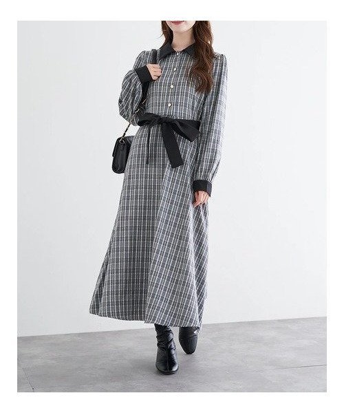 【ルディックパーク/LUDIC PARK】のクレリックチェックワンピース インテリア・キッズ・メンズ・レディースファッション・服の通販 founy(ファニー) 　ファッション　Fashion　レディースファッション　Fashion for Women　ワンピース　Dresses　カフス　Cuff Design　クラシカル　Classical, Vintage-Inspired　ジャケット　Jacket, Outerwear　チェック　Check, Plaid, Tartan　リボン　Ribbon, Bow　エレガント 上品　Elegant　無地　Plain, Solid Color　A/W・秋冬　Autumn/Winter　ビジネス 仕事 通勤　Business / Work / Commuting　グレー|ID: prp329100004732451 ipo3291000000034183384