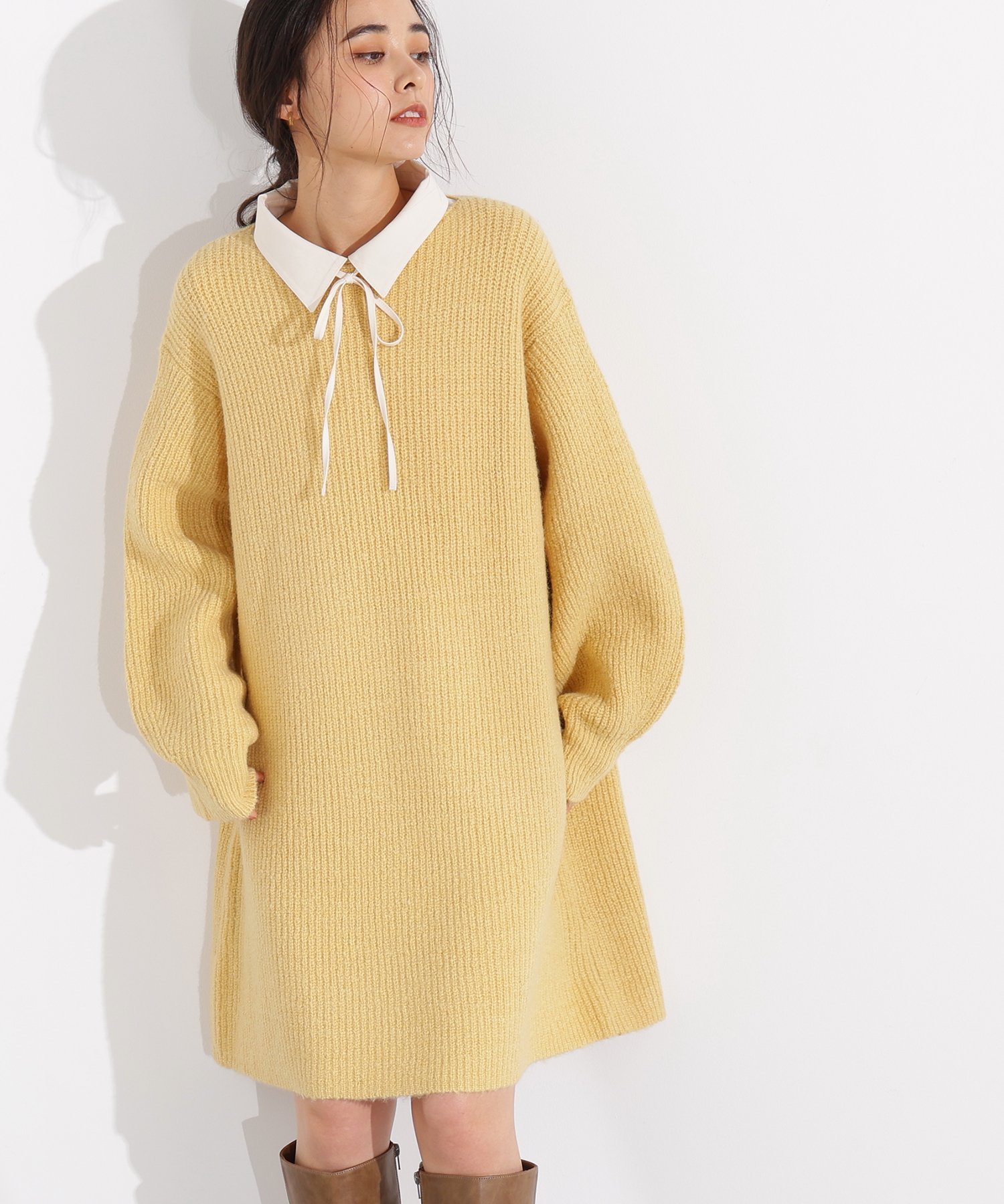 【エヌ ナチュラルビューティーベーシック/N.Natural Beauty basic】の襟付ミニニットワンピース インテリア・キッズ・メンズ・レディースファッション・服の通販 founy(ファニー) 　ファッション　Fashion　レディースファッション　Fashion for Women　ワンピース　Dresses　ニットワンピース　Knit Dresses　おすすめ　Recommended / Our Picks　トレンド　Trend, Trending Now　ミドル　Middle Length, Mid Height　リラックス　Relax, Relaxed Fit　畦　Ribbed Knit　イエロー|ID: prp329100004732483 ipo3291000000034183513