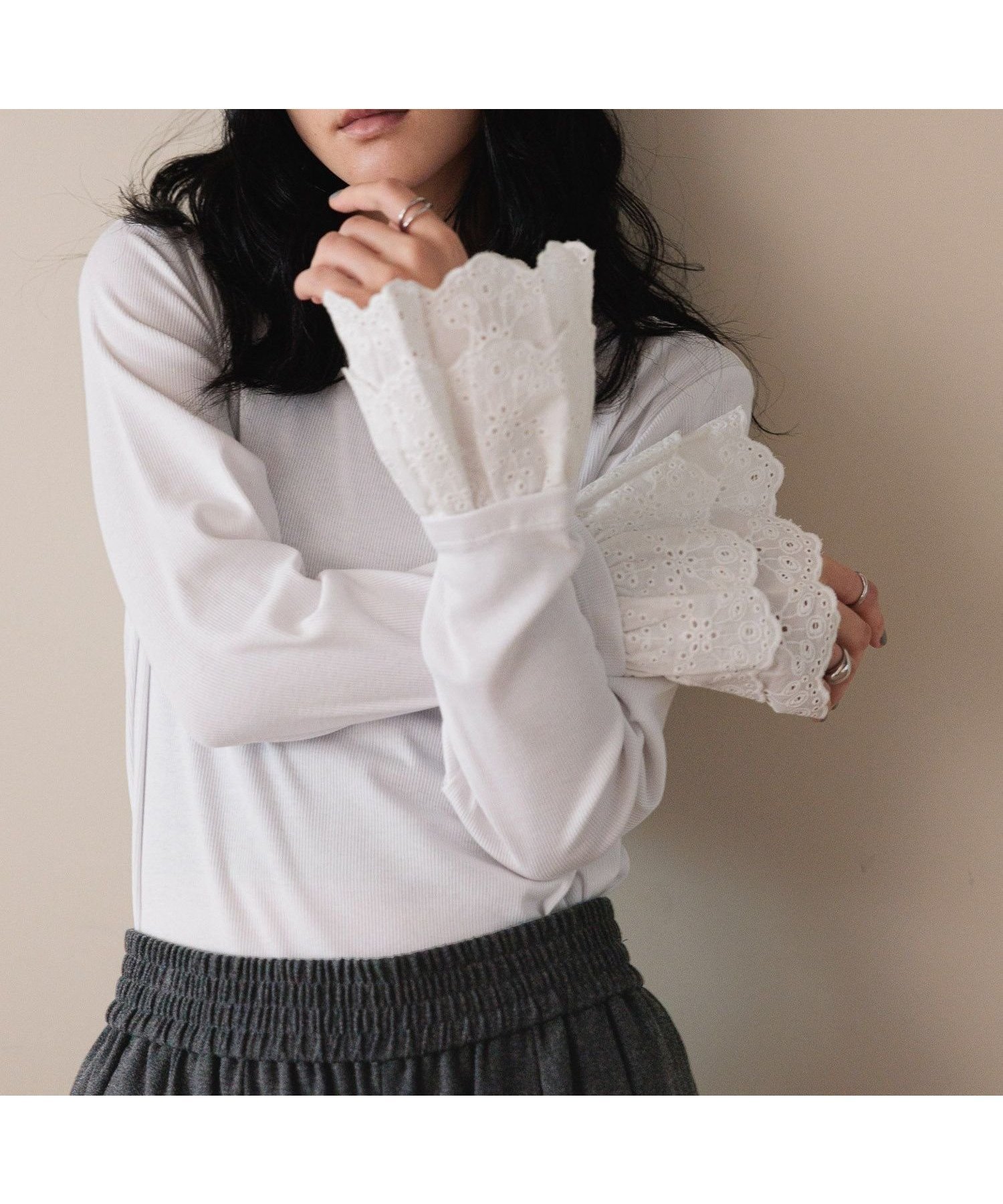 【ローリーズファーム/LOWRYS FARM】のソデレイヤードLS インテリア・キッズ・メンズ・レディースファッション・服の通販 founy(ファニー) 　ファッション　Fashion　レディースファッション　Fashion for Women　テレコ　Ribbed, Rib Stitch　レース　Lace, Lace Fabric　抗菌　Antibacterial, Bacteria-Resistant　コットンレース07|ID: prp329100004732498 ipo3291000000034950826