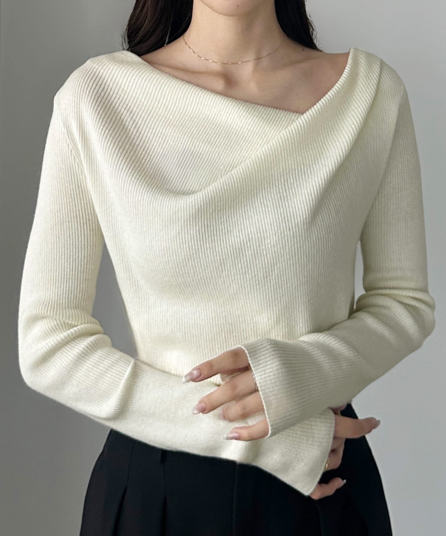 【ジュノア/JUNOAH】のLouere 薄手ドレープリブニットトップス インテリア・キッズ・メンズ・レディースファッション・服の通販 founy(ファニー) 　ファッション　Fashion　レディースファッション　Fashion for Women　トップス・カットソー　Cut & Sew Tops　ニット　Knit Tops & Sweaters　アクリル　Acrylic Material　アイボリー|ID: prp329100004733126 ipo3291000000034271791