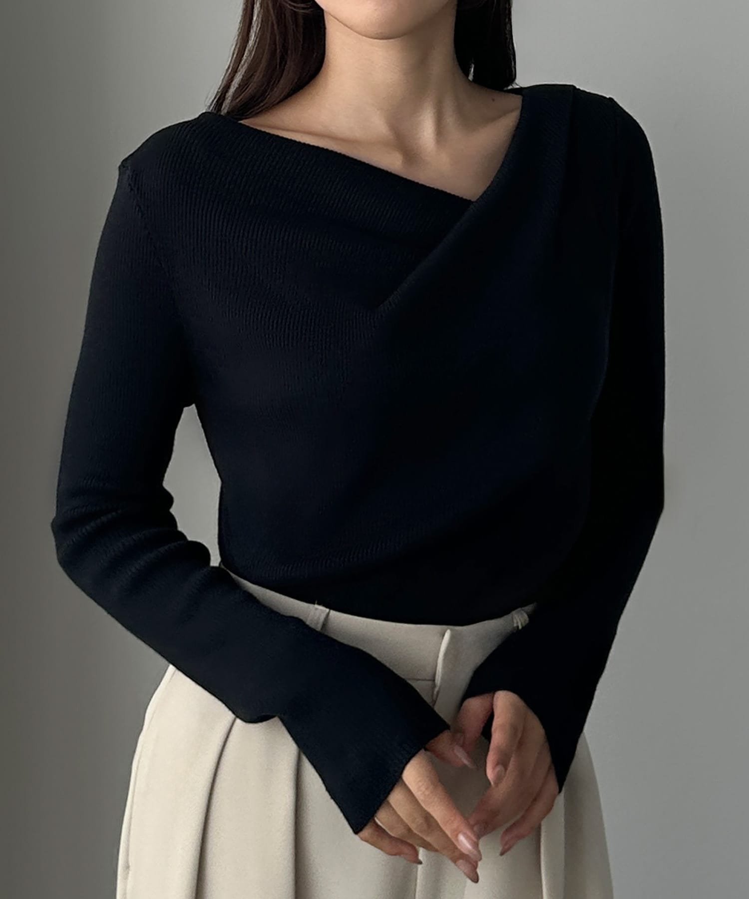 【ジュノア/JUNOAH】のLouere 薄手ドレープリブニットトップス インテリア・キッズ・メンズ・レディースファッション・服の通販 founy(ファニー) 　ファッション　Fashion　レディースファッション　Fashion for Women　トップス・カットソー　Cut & Sew Tops　ニット　Knit Tops & Sweaters　アクリル　Acrylic Material　ネイビー|ID: prp329100004733126 ipo3291000000034271794