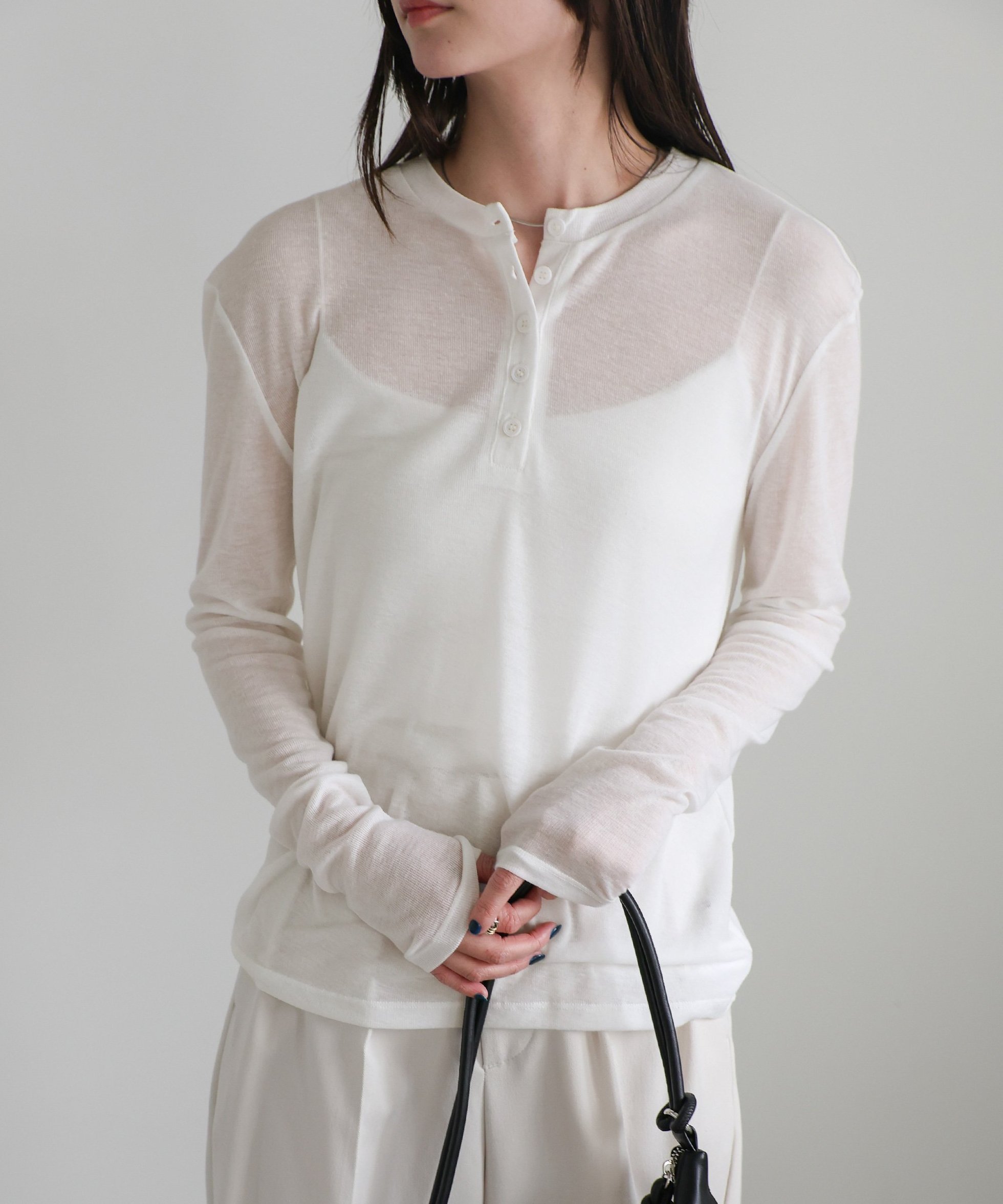 【セレクトモカ/SELECT MOCA】のヘンリーネックシアーロンT インテリア・キッズ・メンズ・レディースファッション・服の通販 founy(ファニー) 　ファッション　Fashion　レディースファッション　Fashion for Women　トップス・カットソー　Cut & Sew Tops　ロングTシャツ・Tシャツ　Longline T-Shirts & Tees　おすすめ　Recommended / Our Picks　カットソー　Cut and Sewn Top　シアー　Sheer, See-Through　フィット　Fit, Slim Fit　ルーズ　Loose, Oversized　オフホワイト-110|ID: prp329100004733376 ipo3291000000034286451