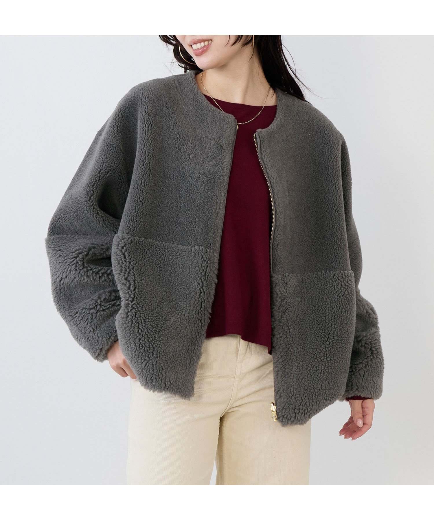【マイカ ディール/MICA & DEAL】のリバーシブルノーカラーボアコート インテリア・キッズ・メンズ・レディースファッション・服の通販 founy(ファニー) 　ファッション　Fashion　レディースファッション　Fashion for Women　アウター　Coat / Outerwear Collection　コート・ロングコート・ピーコート　Long Coats, Peacoats & More　ダウン　Down, Puffer　デニム　Denim, Jeans Material　パーカー　Hoodie, Parka　フェイクムートン　Faux Shearling, Faux Mouton　ポケット　Pocket, Pocket Detail　ムートン　Shearling, Mouton　リバーシブル　Reversible, Two-Sided　リラックス　Relax, Relaxed Fit　CHARCOAL|ID: prp329100004733451 ipo3291000000034289863