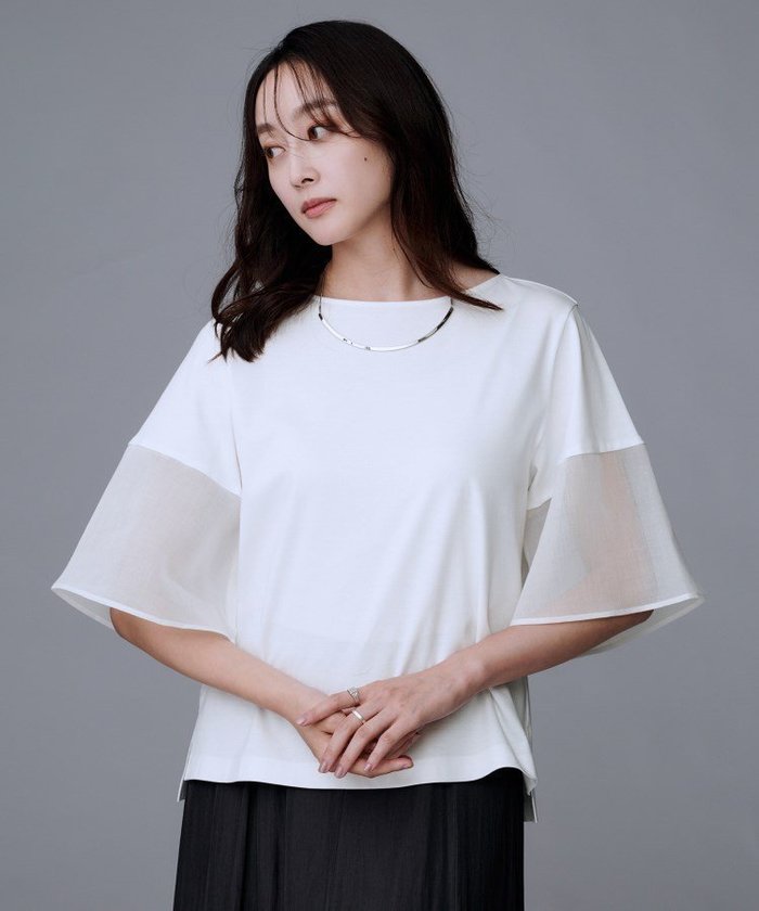 【アンタイトル/UNTITLED】の【一枚で着映える/五分袖】シアースリーブ プルオーバー インテリア・キッズ・メンズ・レディースファッション・服の通販 founy(ファニー) https://founy.com/ ファッション Fashion レディースファッション Fashion for Women トップス・カットソー Cut & Sew Tops カジュアルプルオーバー・ニットトップス Pullovers & Knit Tops / Casual Pullovers アクセサリー Fashion Accessories シアー Sheer, See-Through シルケット Silket, Silky Cotton シンプル Simple, Minimal スマート Smart, Elegant スリット Slit, Slit Detail トレンド Trend, Trending Now フェミニン Feminine, Girly フロント Front, Front Design ベーシック Basic, Essential ボトム Bottoms, Lower Wear |ID: prp329100004733911 ipo3291000000034669378