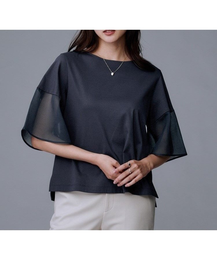 【アンタイトル/UNTITLED】の【一枚で着映える/五分袖】シアースリーブ プルオーバー インテリア・キッズ・メンズ・レディースファッション・服の通販 founy(ファニー) 　ファッション　Fashion　レディースファッション　Fashion for Women　トップス・カットソー　Cut & Sew Tops　カジュアルプルオーバー・ニットトップス　Pullovers & Knit Tops / Casual Pullovers　アクセサリー　Fashion Accessories　シアー　Sheer, See-Through　シルケット　Silket, Silky Cotton　シンプル　Simple, Minimal　スマート　Smart, Elegant　スリット　Slit, Slit Detail　トレンド　Trend, Trending Now　フェミニン　Feminine, Girly　フロント　Front, Front Design　ベーシック　Basic, Essential　ボトム　Bottoms, Lower Wear　ネイビー|ID: prp329100004733911 ipo3291000000034669383