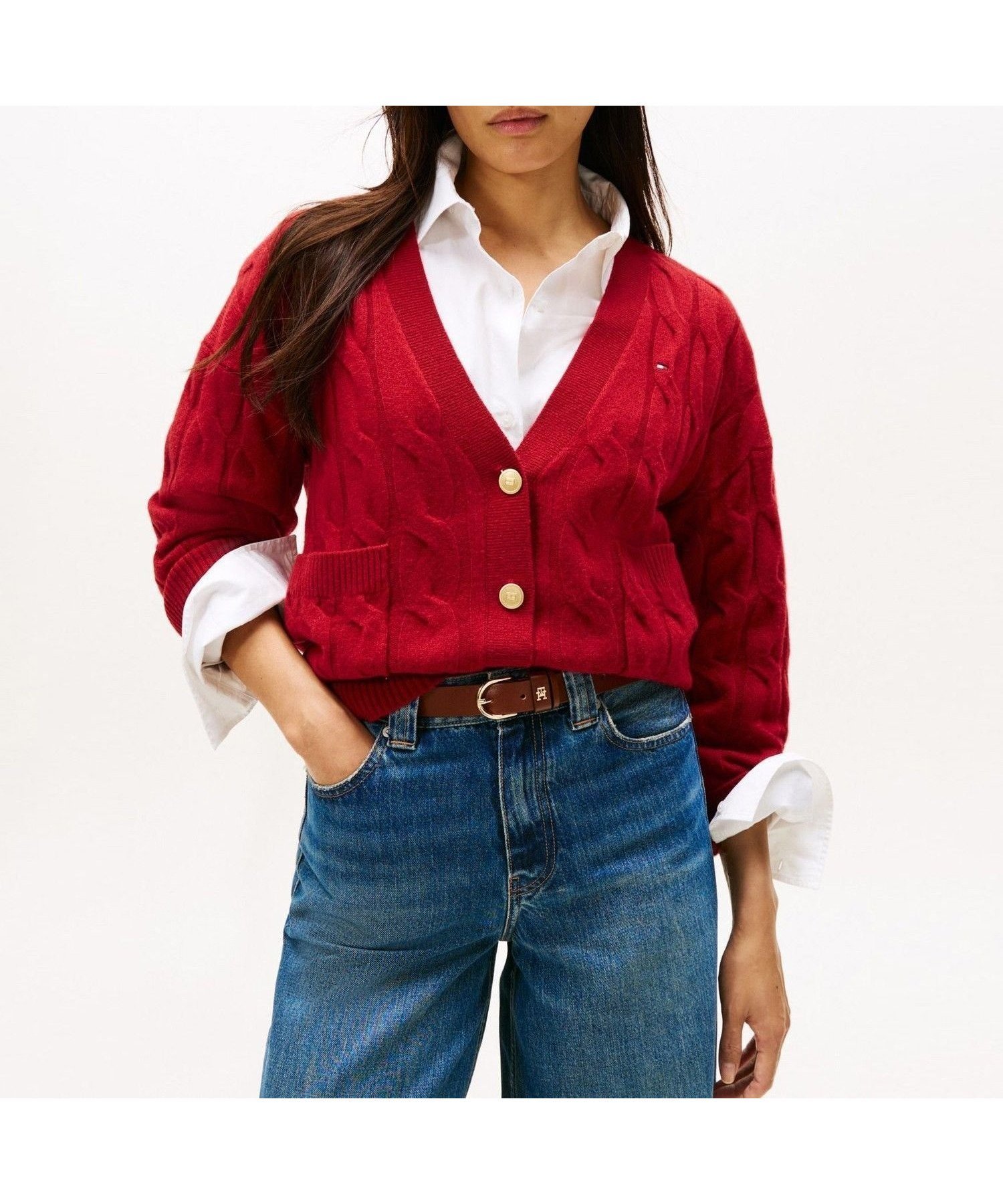 【トミーヒルフィガー/TOMMY HILFIGER】のソフトウールケーブルカーディガン インテリア・キッズ・メンズ・レディースファッション・服の通販 founy(ファニー) 　ファッション　Fashion　レディースファッション　Fashion for Women　トップス・カットソー　Cut & Sew Tops　カーディガン・羽織り　Layered Style Cardigans　アメリカン　American Style　カーディガン　Cardigan, Knitwear　クラシック　Classic, Timeless Style　ゴルフ　Golf　デニム　Denim, Jeans Material　ポケット　Pocket, Pocket Detail　モダン　Modern, Contemporary　ロング　Long, Long-Length　ワイド　Wide, Wide Fit　人気　Popular, Best Seller　レッドXIT|ID: prp329100004734103 ipo3291000000034249770