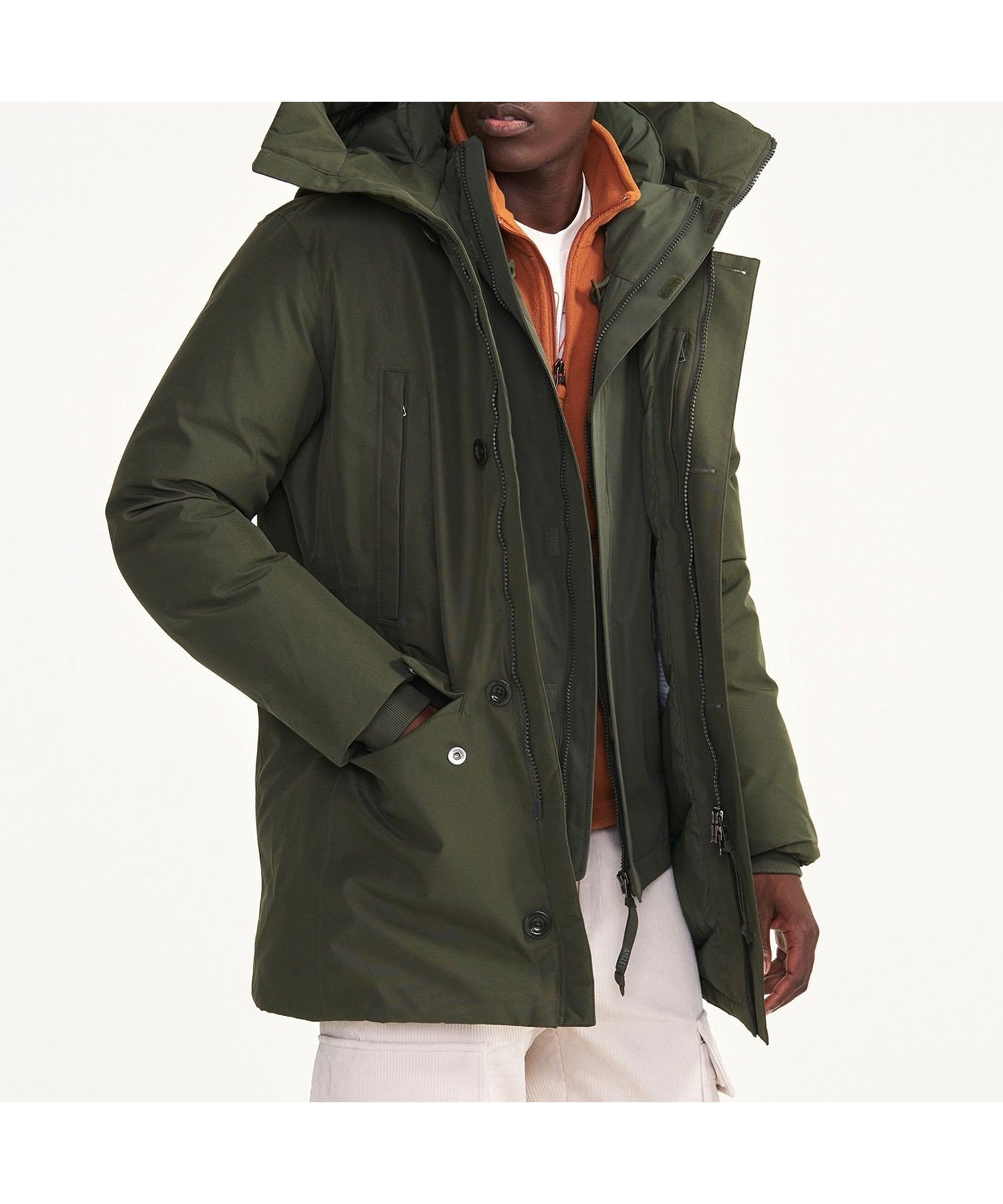 【エーグル/AIGLE / MEN】のGORE-TEX ゴアテックス 防水 透湿 防風 フーデッドダウンジャケット インテリア・キッズ・メンズ・レディースファッション・服の通販 founy(ファニー) 　ファッション　Fashion　メンズファッション　Fashion for Men　おすすめ　Recommended / Our Picks　アウトドア　Outdoor Clothing　ブルゾン　Blouson, Bomber Jacket　ビジネス 仕事 通勤　Business / Work / Commuting　モスグリーン|ID: prp329100004734274 ipo3291000000034197893