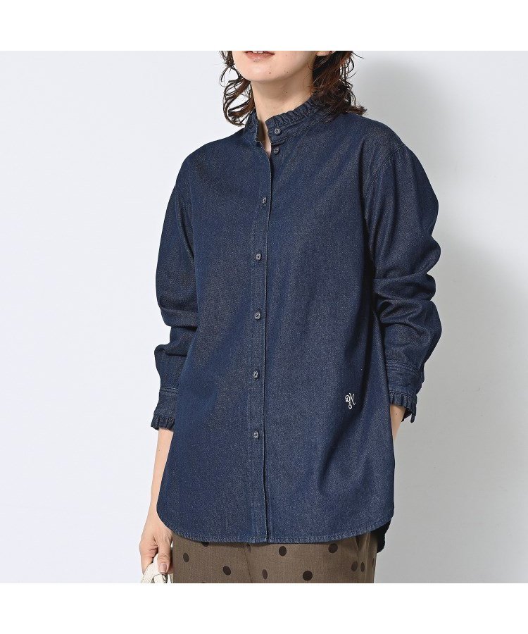 【デッサン/Dessin】の【洗える】フリルデニムシャツ インテリア・キッズ・メンズ・レディースファッション・服の通販 founy(ファニー) 　ファッション　Fashion　レディースファッション　Fashion for Women　トップス・カットソー　Cut & Sew Tops　シャツ・ブラウス・オフィスカジュアル　Elegant Blouses & Button-Ups　おすすめ　Recommended / Our Picks　インナー　Innerwear　カーディガン　Cardigan, Knitwear　スタンド　Stand Collar, Upright Stand　ストレート　Straight, Straight Cut　スマート　Smart, Elegant　デニム　Denim, Jeans Material　バランス　Balance, Style Balance　フェミニン　Feminine, Girly　フリル　Frill, Ruffle　ボトム　Bottoms, Lower Wear　ボーダー　Border, Stripe　ワイド　Wide, Wide Fit　冬　Winter / This Winter　洗える　Machine Washable　羽織　Haori, Light Jacket　ネイビー|ID: prp329100004734341 ipo3291000000034318190