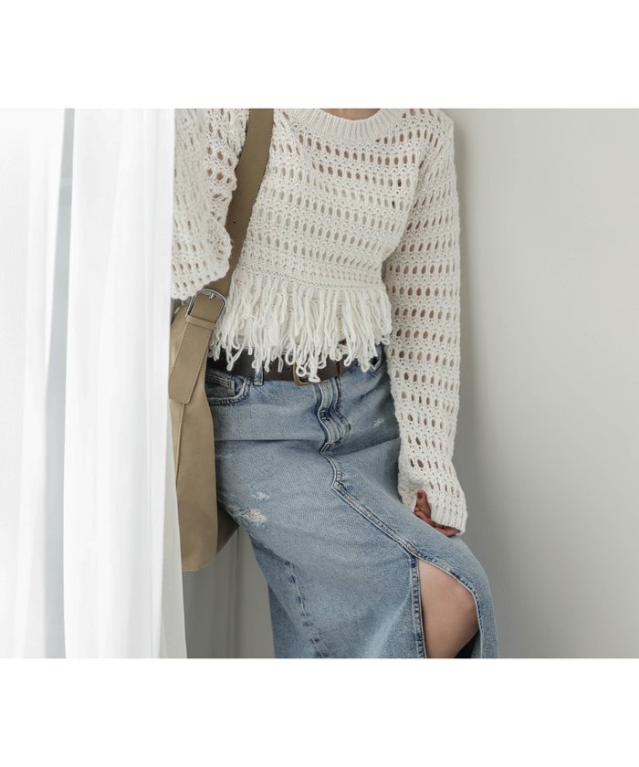 【ラジュール/Lajour】のメッシュフリンジニットトップス インテリア・キッズ・メンズ・レディースファッション・服の通販 founy(ファニー) https://founy.com/ ファッション Fashion レディースファッション Fashion for Women トップス・カットソー Cut & Sew Tops ニット Knit Tops & Sweaters 2025年 2025 2025-2026秋冬・A/W Autumn/Winter 2025–26 AW25–26 ショート Short, Short Length バランス Balance, Style Balance フェミニン Feminine, Girly メッシュ Mesh, Net Fabric ルーズ Loose, Oversized エレガント 上品 Elegant 透かし Cut-Out, Lacework |ID: prp329100004734930 ipo3291000000034306178