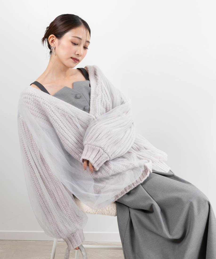 【ランダ/RANDA】のボリュームチュールニットカーディガン インテリア・キッズ・メンズ・レディースファッション・服の通販 founy(ファニー) 　ファッション　Fashion　レディースファッション　Fashion for Women　トップス・カットソー　Cut & Sew Tops　ニット　Knit Tops & Sweaters　カーディガン・羽織り　Layered Style Cardigans　おすすめ　Recommended / Our Picks　カーディガン　Cardigan, Knitwear　キャミワンピース　Cami Dress, Slip Dress　チュール　Tulip, Tulip Motif　バランス　Balance, Style Balance　フェミニン　Feminine, Girly　今季　This Season, Current Season　GRAY|ID: prp329100004734961 ipo3291000000034203924