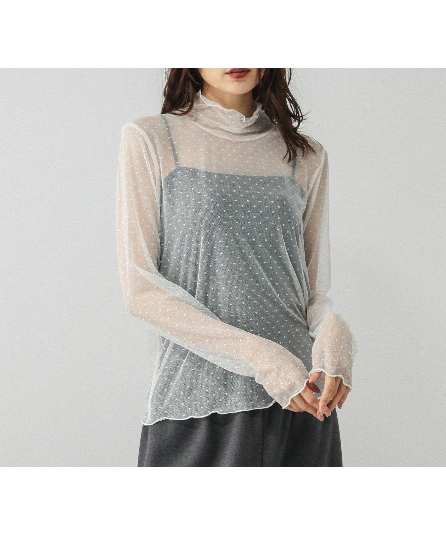 【グローバルワーク/GLOBAL WORK】のストレッチシアーハイネックプルオーバー/598008 人気、トレンドファッション・服の通販 founy(ファニー) 　ファッション　Fashion　レディースファッション　Fashion for Women　トップス・カットソー　Cut & Sew Tops　カジュアルプルオーバー・ニットトップス　Pullovers & Knit Tops / Casual Pullovers　インナー　Innerwear　ストレッチ　Stretch, Stretchy Fabric　チュール　Tulip, Tulip Motif　ドット　Polka Dot, Dot Pattern　ハイネック　High Neck, Mock Neck　プリント　Print, Printed Pattern　レース　Lace, Lace Fabric　 other-1|ID: prp329100004735008 ipo3291000000034233221