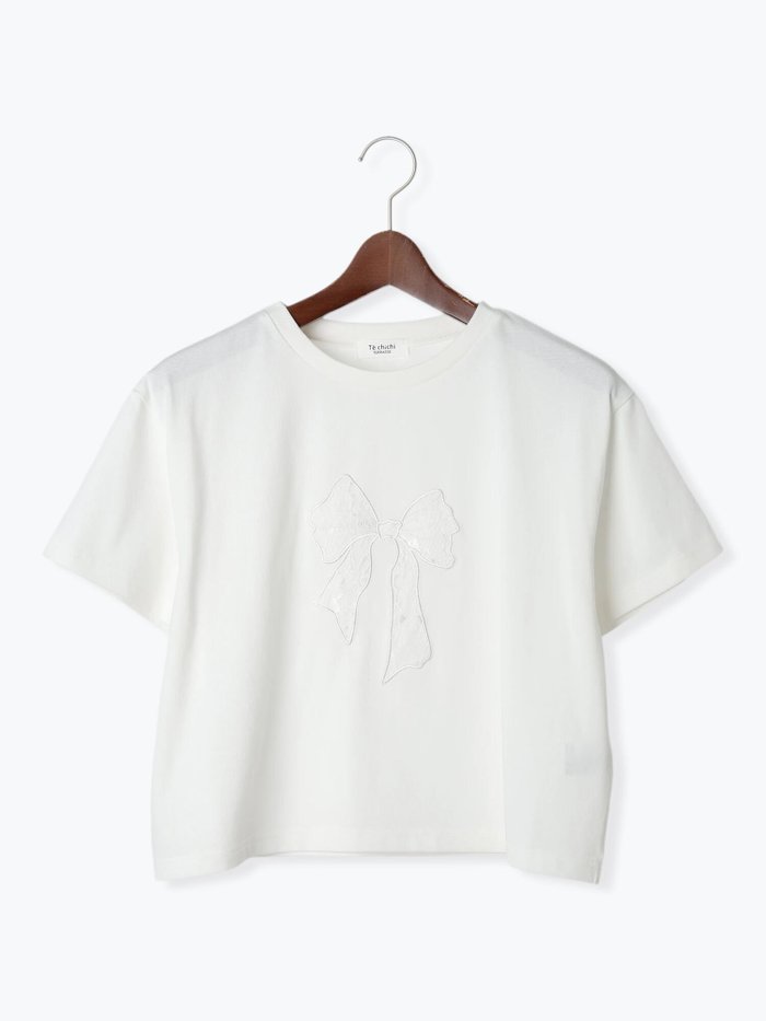 【テチチ/Te chichi】の【接触冷感】レース刺繍クロップドTシャツ インテリア・キッズ・メンズ・レディースファッション・服の通販 founy(ファニー) https://founy.com/ ファッション Fashion レディースファッション Fashion for Women トップス・カットソー Cut & Sew Tops シャツ・ブラウス・オフィスカジュアル Elegant Blouses & Button-Ups ロングTシャツ・Tシャツ Longline T-Shirts & Tees クロップド Cropped, Short Length コンパクト Compact, Small Size モチーフ Motif, Design Theme リボン Ribbon, Bow レース Lace, Lace Fabric |ID: prp329100004735093 ipo3291000000034272008