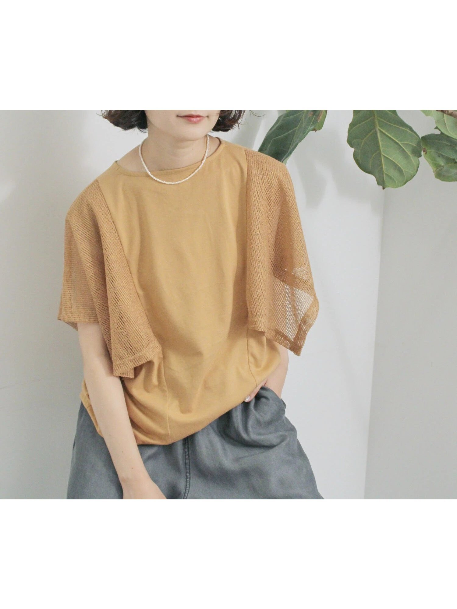 【サマンサモスモス/Samansa Mos2】の◎【接触冷感】メッシュ切替プルオーバー インテリア・キッズ・メンズ・レディースファッション・服の通販 founy(ファニー) 　ファッション　Fashion　レディースファッション　Fashion for Women　トップス・カットソー　Cut & Sew Tops　カジュアルプルオーバー・ニットトップス　Pullovers & Knit Tops / Casual Pullovers　スリーブ　Sleeve, Long Sleeve / Short Sleeve　メッシュ　Mesh, Net Fabric　切替　Switching, Contrast Panel　キャメル|ID: prp329100004735101 ipo3291000000034283802