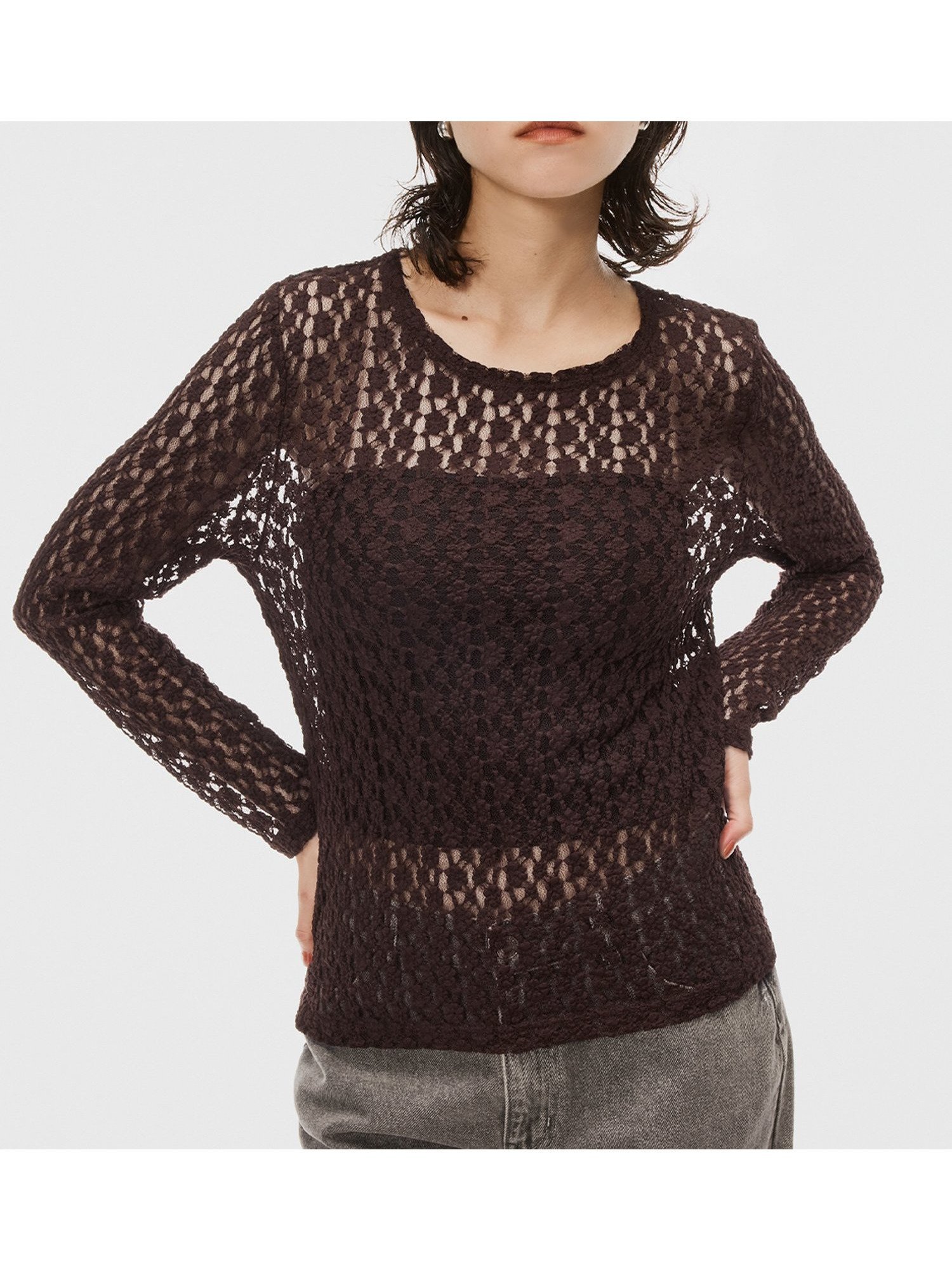 【コカ/COCA】のストレッチレーストップス インテリア・キッズ・メンズ・レディースファッション・服の通販 founy(ファニー) 　ファッション　Fashion　レディースファッション　Fashion for Women　トップス・カットソー　Cut & Sew Tops　インナー　Innerwear　カーディガン　Cardigan, Knitwear　ジャケット　Jacket, Outerwear　スカラップ　Scallop, Scalloped Edge　ストレッチ　Stretch, Stretchy Fabric　ネップ　Nepp, Slub Yarn　長袖　Long Sleeve, Full Sleeve　フィット　Fit, Slim Fit　フェミニン　Feminine, Girly　ポケット　Pocket, Pocket Detail　レース　Lace, Lace Fabric　エレガント 上品　Elegant　2025年　2025　2025-2026秋冬・A/W　Autumn/Winter 2025–26 AW25–26　Dk.brown|ID: prp329100004735179 ipo3291000000034234547