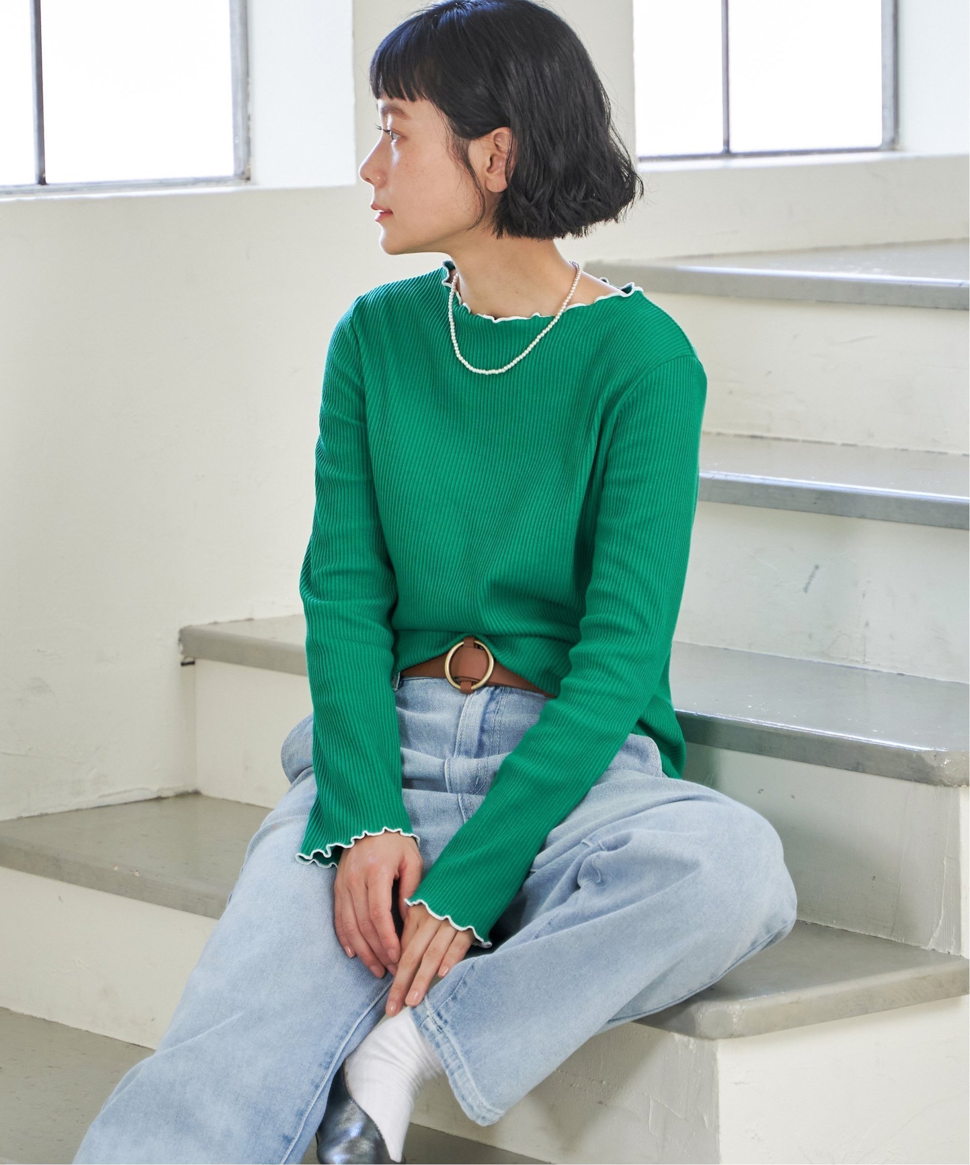 【エルビーシー/LBC】の三角テレコ配色メローロンT インテリア・キッズ・メンズ・レディースファッション・服の通販 founy(ファニー) 　ファッション　Fashion　レディースファッション　Fashion for Women　トップス・カットソー　Cut & Sew Tops　ロングTシャツ・Tシャツ　Longline T-Shirts & Tees　インナー　Innerwear　テレコ　Ribbed, Rib Stitch　ベーシック　Basic, Essential　グリーン|ID: prp329100004735287 ipo3291000000034508619