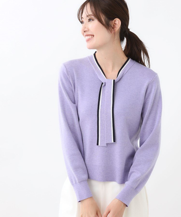 【リフレクト/Reflect】の【秋映え/なめらかな着心地】バイカラーボウタイ付きニット インテリア・キッズ・メンズ・レディースファッション・服の通販 founy(ファニー) 　ファッション　Fashion　レディースファッション　Fashion for Women　トップス・カットソー　Cut & Sew Tops　ニット　Knit Tops & Sweaters　なめらか　Smooth, Silky Texture　ジャケット　Jacket, Outerwear　スマート　Smart, Elegant　秋　Autumn　ラベンダー|ID: prp329100004735288 ipo3291000000034531200