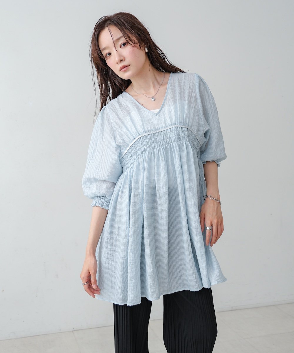 【バブ ブージュルード/Bab Bou Jeloud】のギャザーミニワンピース インテリア・キッズ・メンズ・レディースファッション・服の通販 founy(ファニー) 　ファッション　Fashion　レディースファッション　Fashion for Women　ワンピース　Dresses　SAX|ID: prp329100004735350 ipo3291000000034206174