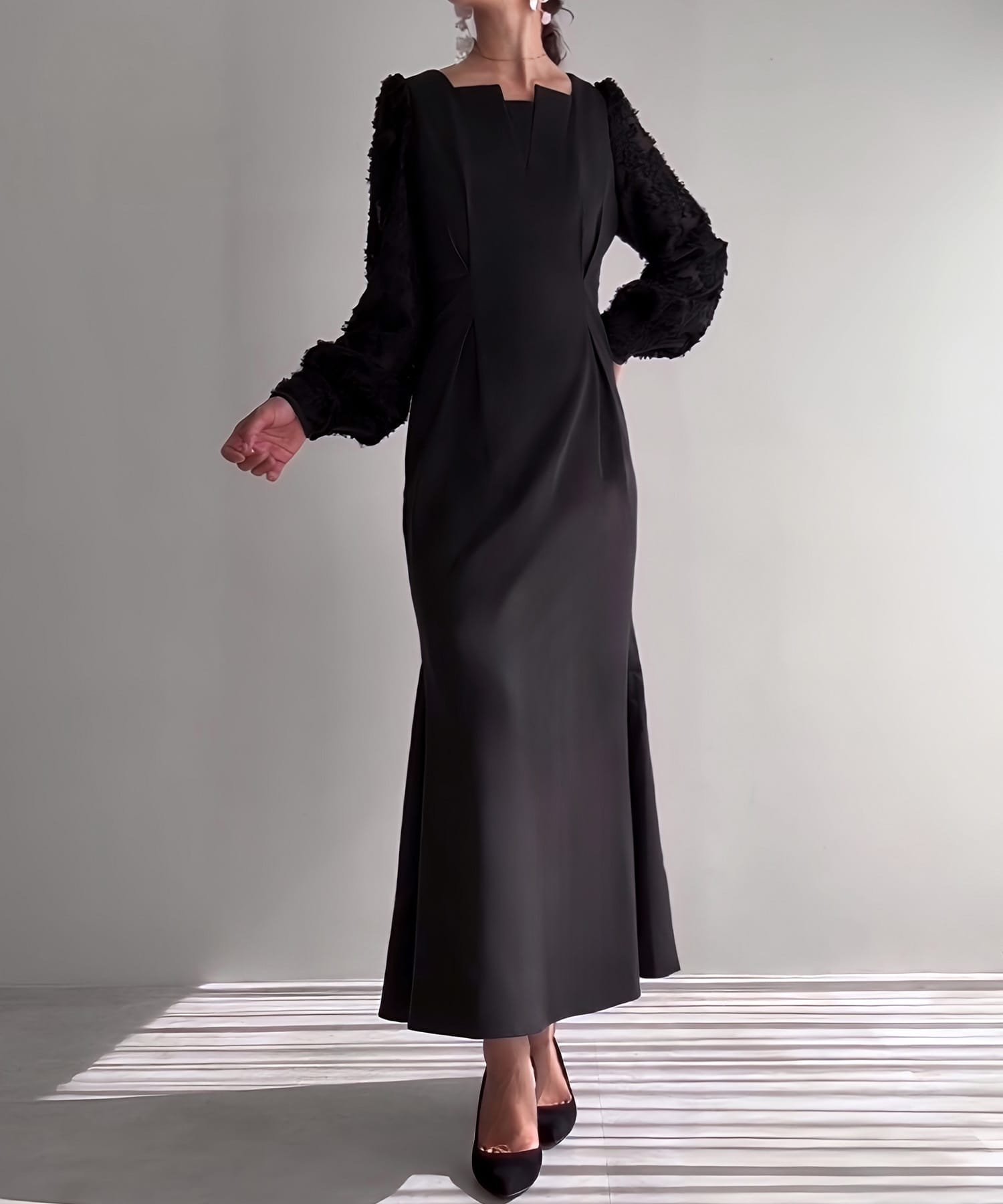 【ジュノア/JUNOAH】のパフスリーブフラワージャガードワンピース(裏地なし) インテリア・キッズ・メンズ・レディースファッション・服の通販 founy(ファニー) ファッション Fashion レディースファッション Fashion for Women ワンピース Dresses カフス Cuff Design Aブラック|ID: prp329100004735359 ipo3291000000034206226