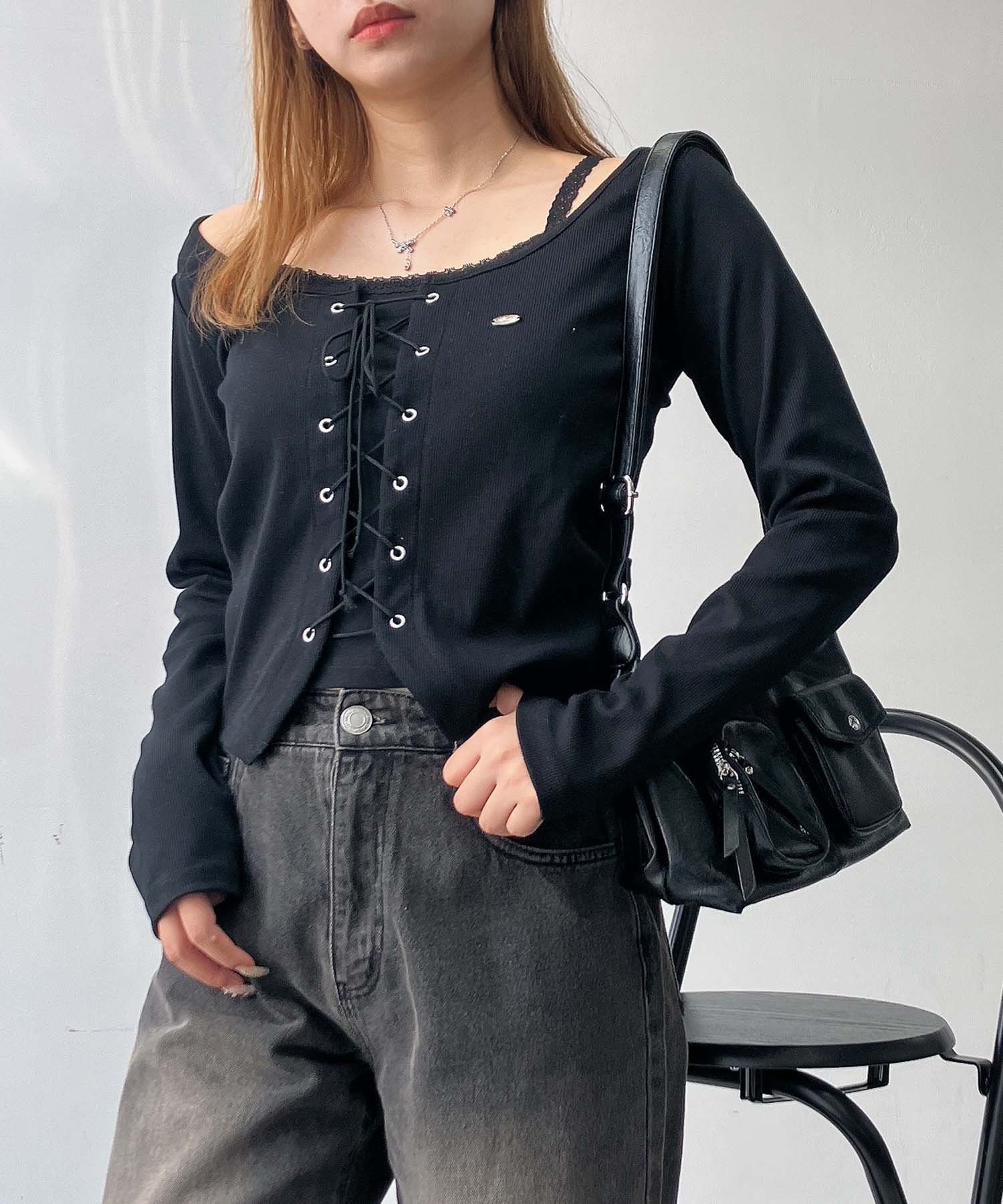 【アズノウアズ プラス/AS KNOW AS plus】の♪レースアップデザイン レイヤード風プルオーバー インテリア・キッズ・メンズ・レディースファッション・服の通販 founy(ファニー) 　ファッション　Fashion　レディースファッション　Fashion for Women　トップス・カットソー　Cut & Sew Tops　カジュアルプルオーバー・ニットトップス　Pullovers & Knit Tops / Casual Pullovers　ガーリー　Girly, Feminine Style　フロント　Front, Front Design　再入荷　Restock / Back in Stock　ブラック|ID: prp329100004735579 ipo3291000000034207694