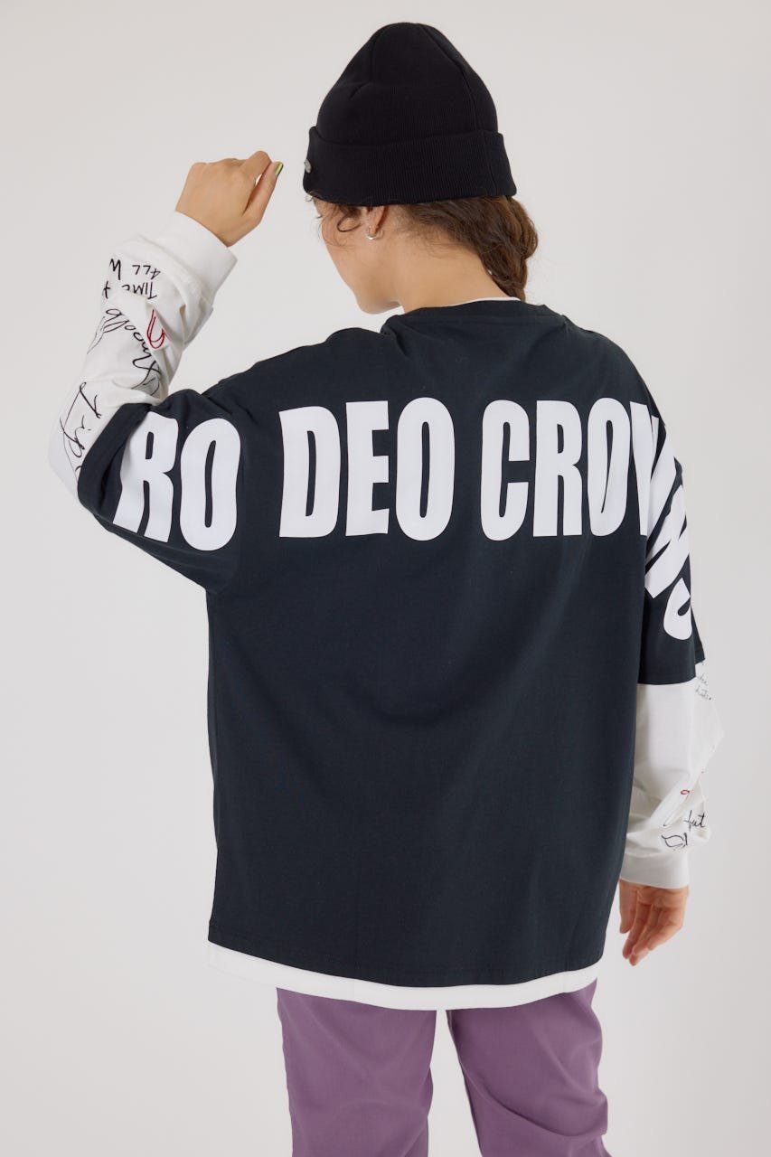 【ロデオクラウンズワイドボウル/RODEO CROWNS WIDE BOWL】の【UNISEX】オーバーロゴレイヤードロングスリーブTシャツ インテリア・キッズ・メンズ・レディースファッション・服の通販 founy(ファニー)  ファッション Fashion レディースファッション Fashion for Women トップス・カットソー Cut & Sew Tops シャツ・ブラウス・オフィスカジュアル Elegant Blouses & Button-Ups ロングTシャツ・Tシャツ Longline T-Shirts & Tees ユニセックス Unisex, Genderless グラフィック Graphic, Graphic Design ショート Short, Short Length プリント Print, Printed Pattern ボトム Bottoms, Lower Wear ワイド Wide, Wide Fit ワンポイント One Point, Statement Accent BLK|ID: prp329100004735591 ipo3291000000034349204